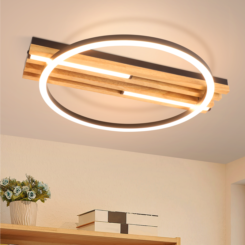 NETTLIFE 38 cm, 24 W, nowoczesna drewniana lampa sufitowa LED, prostokątna, czarna, 3000 K, ciepła biel, do salonu, sypialni, kuchni, przedpokoju