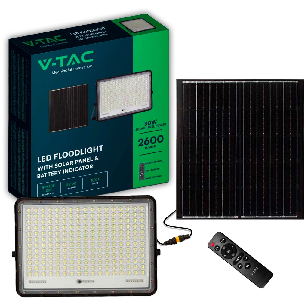 Reflektor LED z pilotem i panelem słonecznym, 30 W, wymienna bateria, kabel 3 m, kolor czarny 4000 K