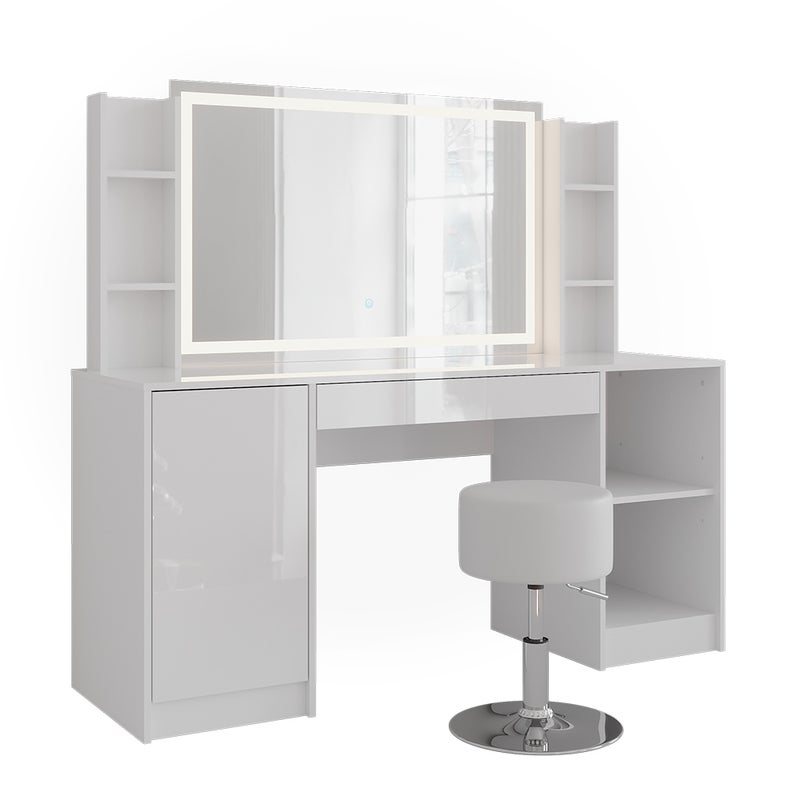 Vicco Stół do toalety Sherry, Biały/Biały wysoki połysk, 158.2 cm z lustrem LED i stołkiem