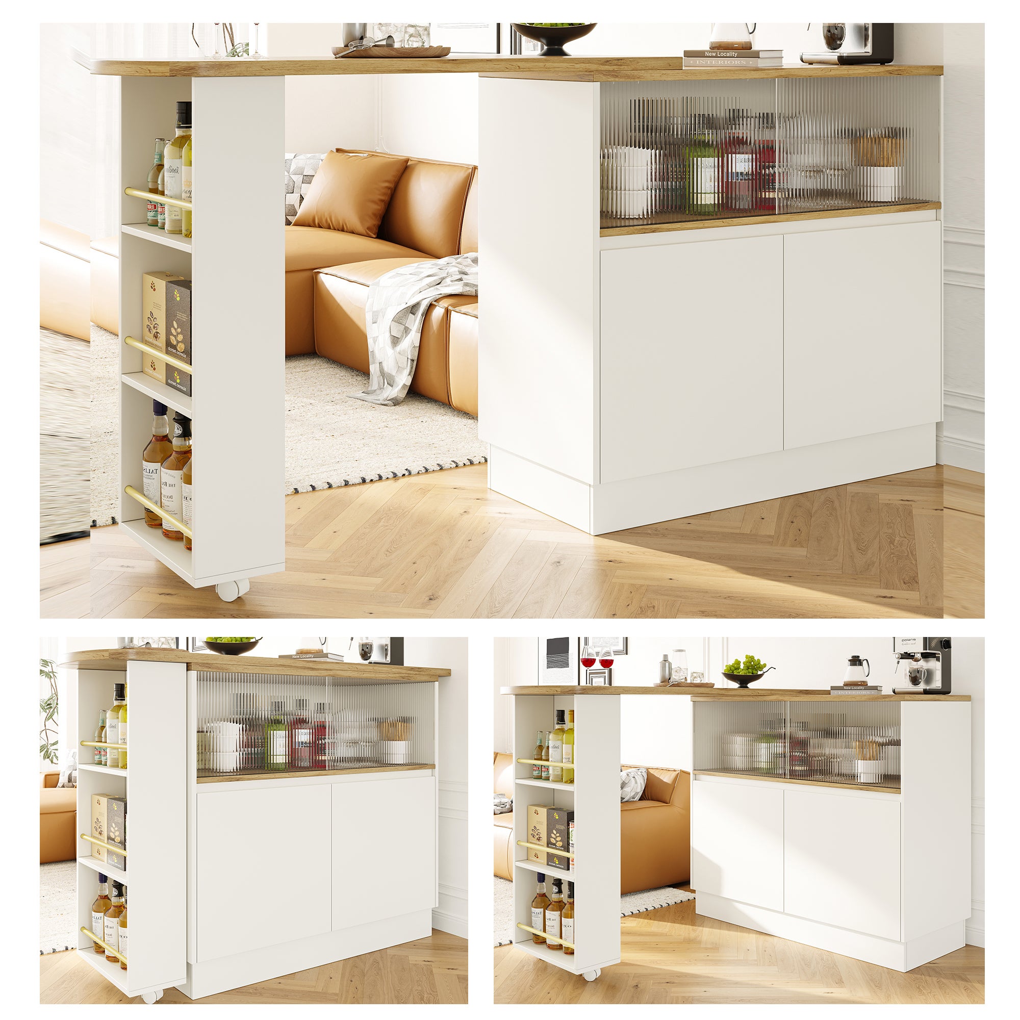 Szafka obrotowa z 4 drzwiami i półkami do przechowywania, płyta MDF, drewno i szkło, kolor biały i naturalny
