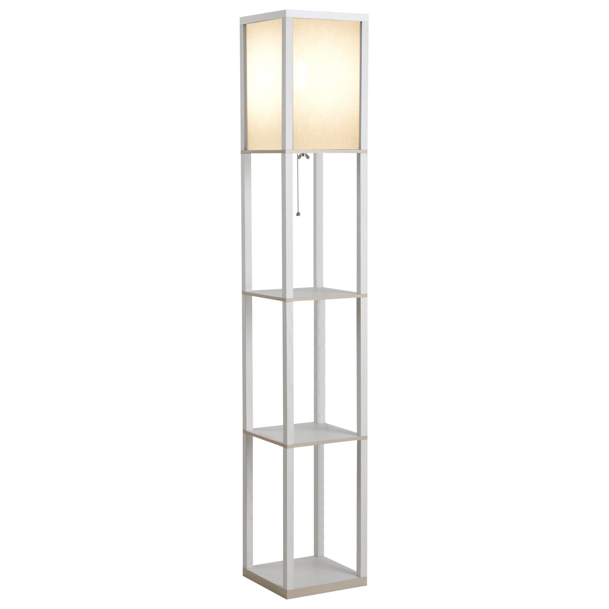 Lampa podłogowa z półką, 26 dł. x 26 szer. x 160 wys. cm, 3 półki, 4 poziomy, płyta MDF, biała