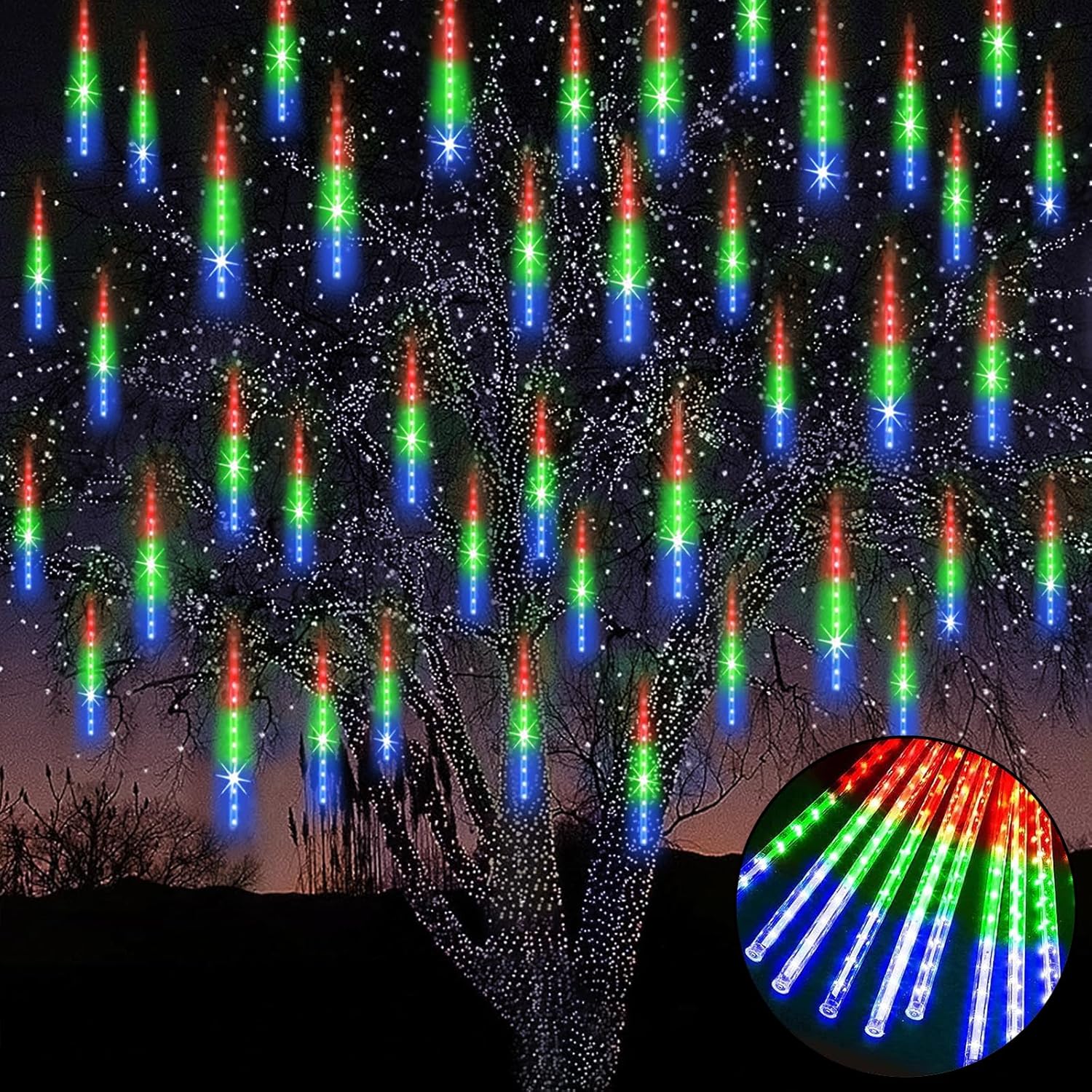 Zewnętrzne świąteczne lampki girlandowe, 240 LED, deszcz meteorów, dekoracje świąteczne, lampki choinkowe (10 tub - 30 cm)