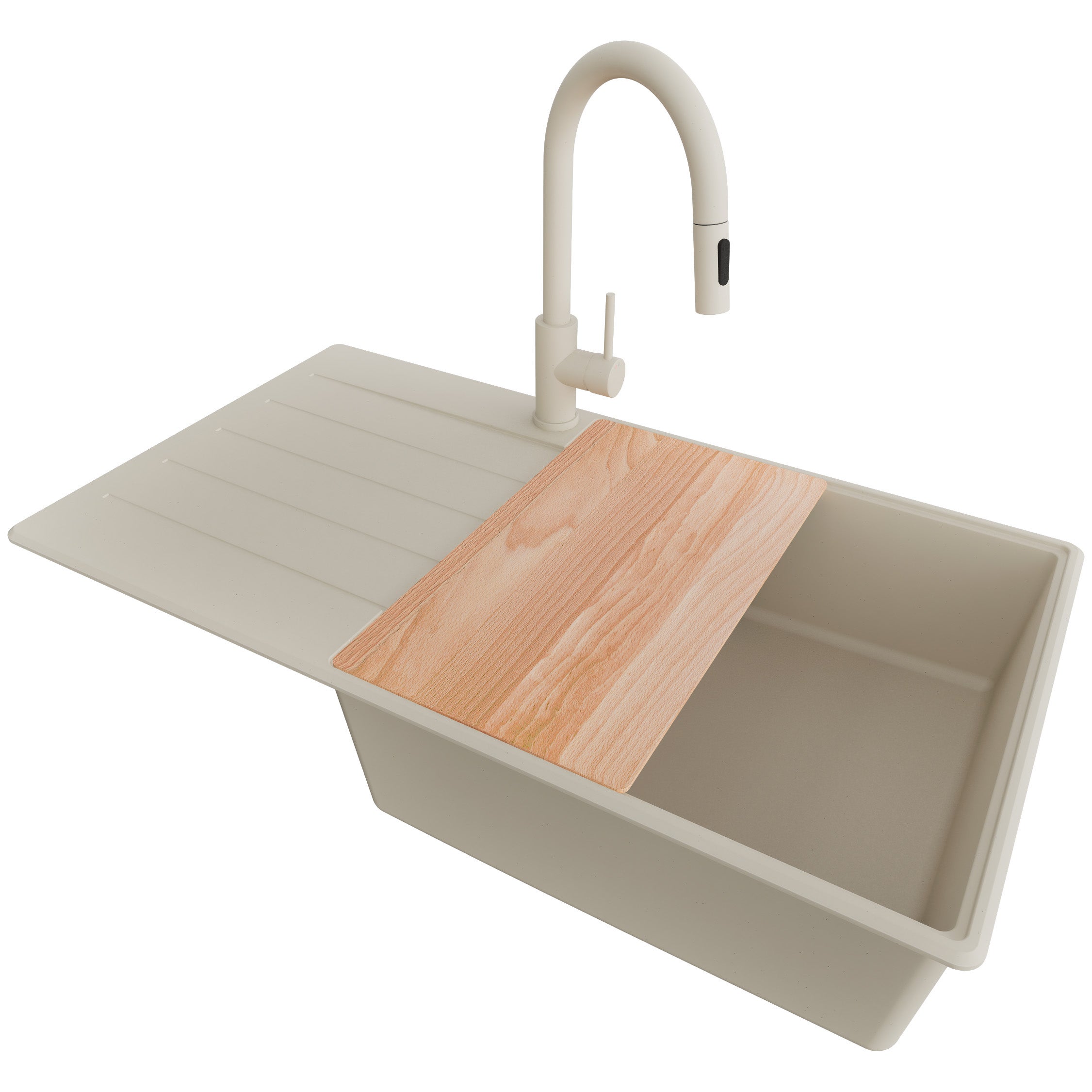 Zlewozmywak Granitowy Beżowy 90x50cm, Zlew Kuchenny 1 Komorowy + Bateria 40x20cm + Syfon + Deska, Nablatowy do szafki od 60cm - Kopenhaga PRIMAGRAN