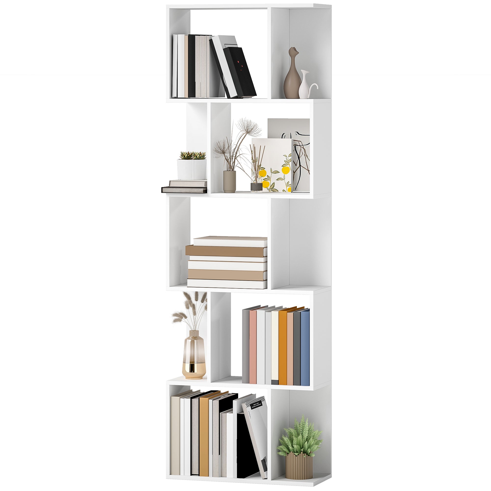 Regał biblioteczny 5-poziomowy, w kształcie litery S, z półkami, 60 x 24 x 184,5 cm, biały