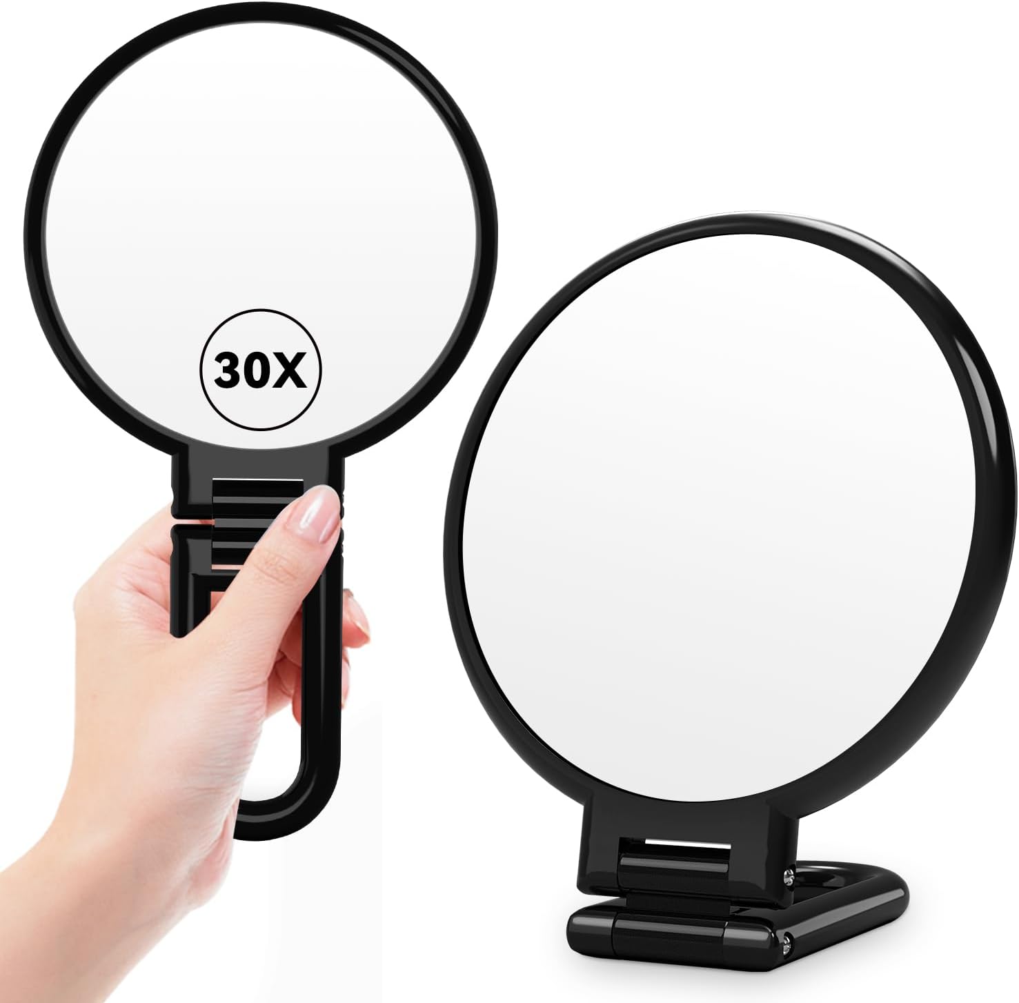 Lupa 30x, lusterko kieszonkowe z rączką, dwustronne lusterko, powiększenie 30x/1x, składane, czarne + złote