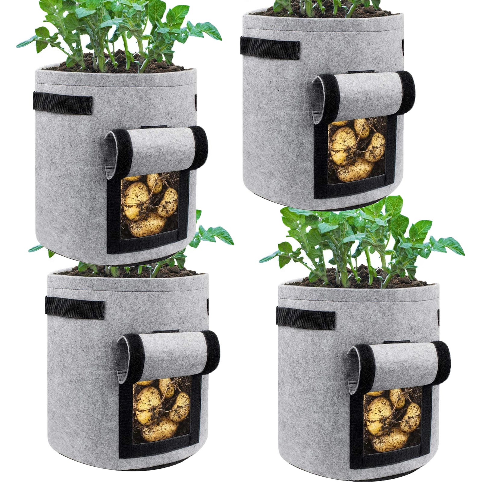 Zestaw 4 worków do uprawy ziemniaków o pojemności 15 l z uchwytami i okienkami na rzepy (25,4 cm głębokości x 30,5 cm wysokości)