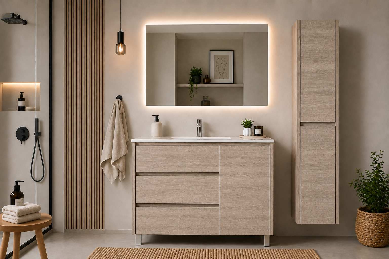 Kompletny zestaw mebli łazienkowych VOLUM 100x40 cm Estepa z umywalką, lustrem LED, słupkiem 140 cm i baterią