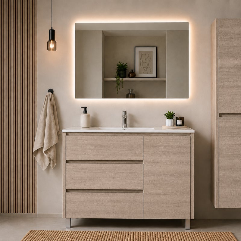 Kompletny zestaw mebli łazienkowych VOLUM 100x40 cm Estepa z umywalką, lustrem LED, słupkiem 140 cm i baterią