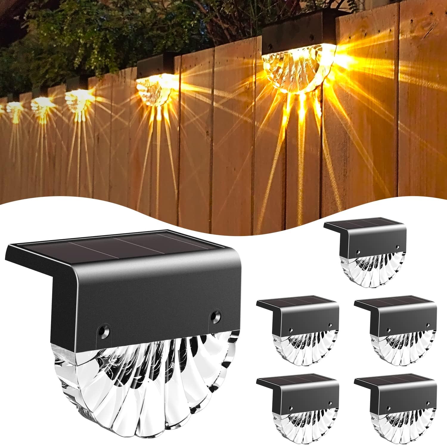 Zestaw 6 zewnętrznych lamp solarnych z oświetleniem ściennym LED RGB i ciepłą bielą, do ogrodu, na taras i schody