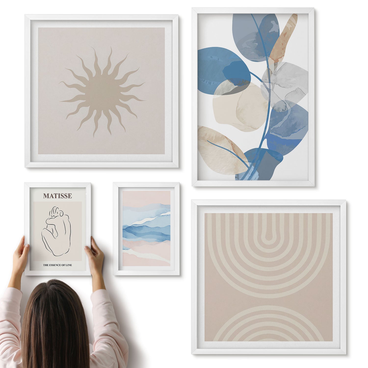 Galeria ścienna 5-częściowy komplet obrazów w białych ramach - Stylowe abstrakcyjne kompozycje z roślinnymi akcentami - ArtPrintCave