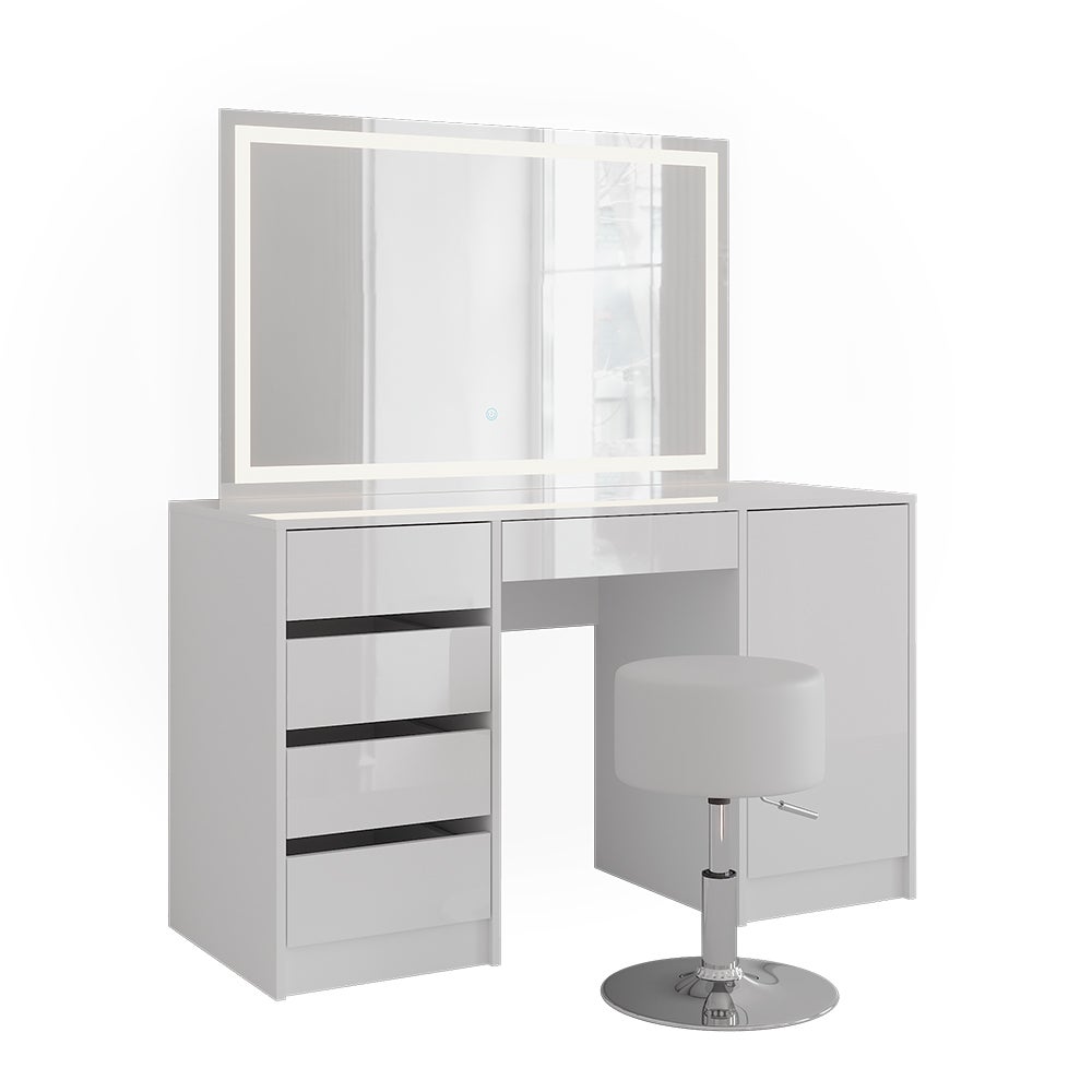 Vicco Stół do toalety Sherry, Biały/Biały wysoki połysk, 128.2 cm z lustrem LED i stołkiem