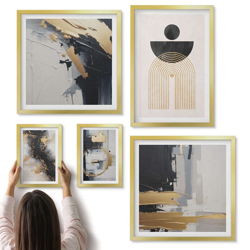 Galeria ścienna 5-częściowy komplet obrazów w złotych ramach - Abstrakcyjne kompozycje w stylu nowoczesnym z geometrycznymi kształtami - ArtPrintCave