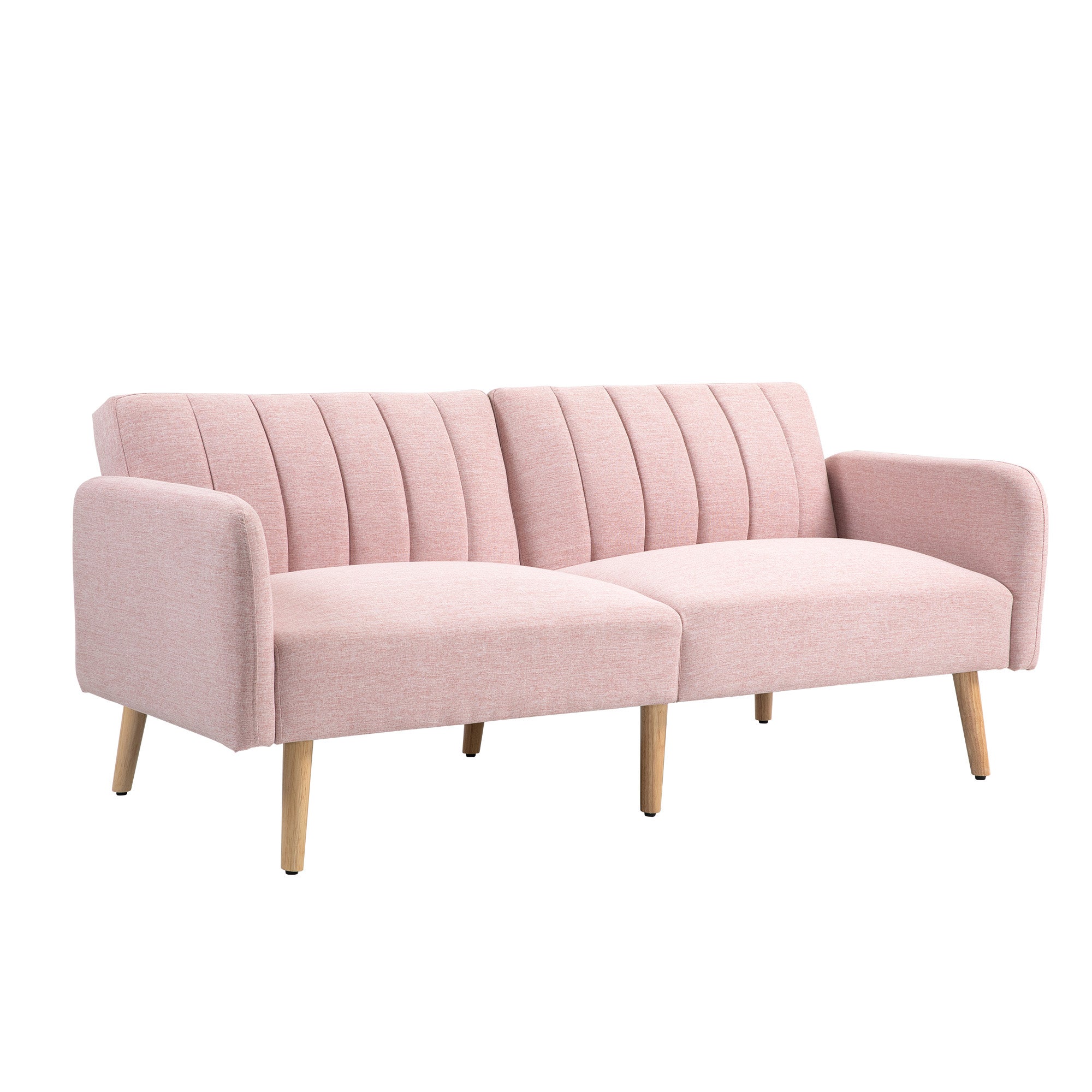 Sofa 2-osobowa z funkcją spania, tapicerowana lnem syntetycznym, z regulowanym oparciem i odpinanymi podłokietnikami, 173x75x73 cm, różowa