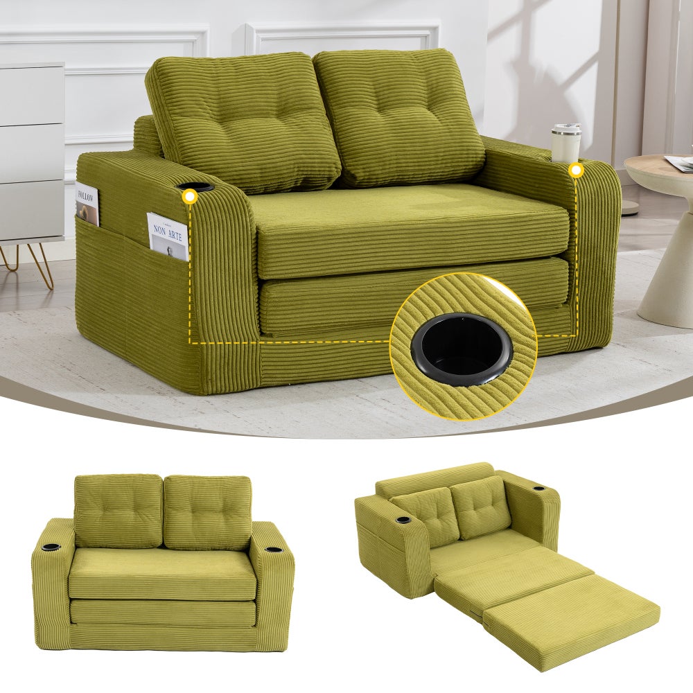 2-osobowa sofa beżowa z prążkowanego weluru, rozkładana, z uchwytami na kubki, kieszeniami bocznymi i pikowanymi poduszkami