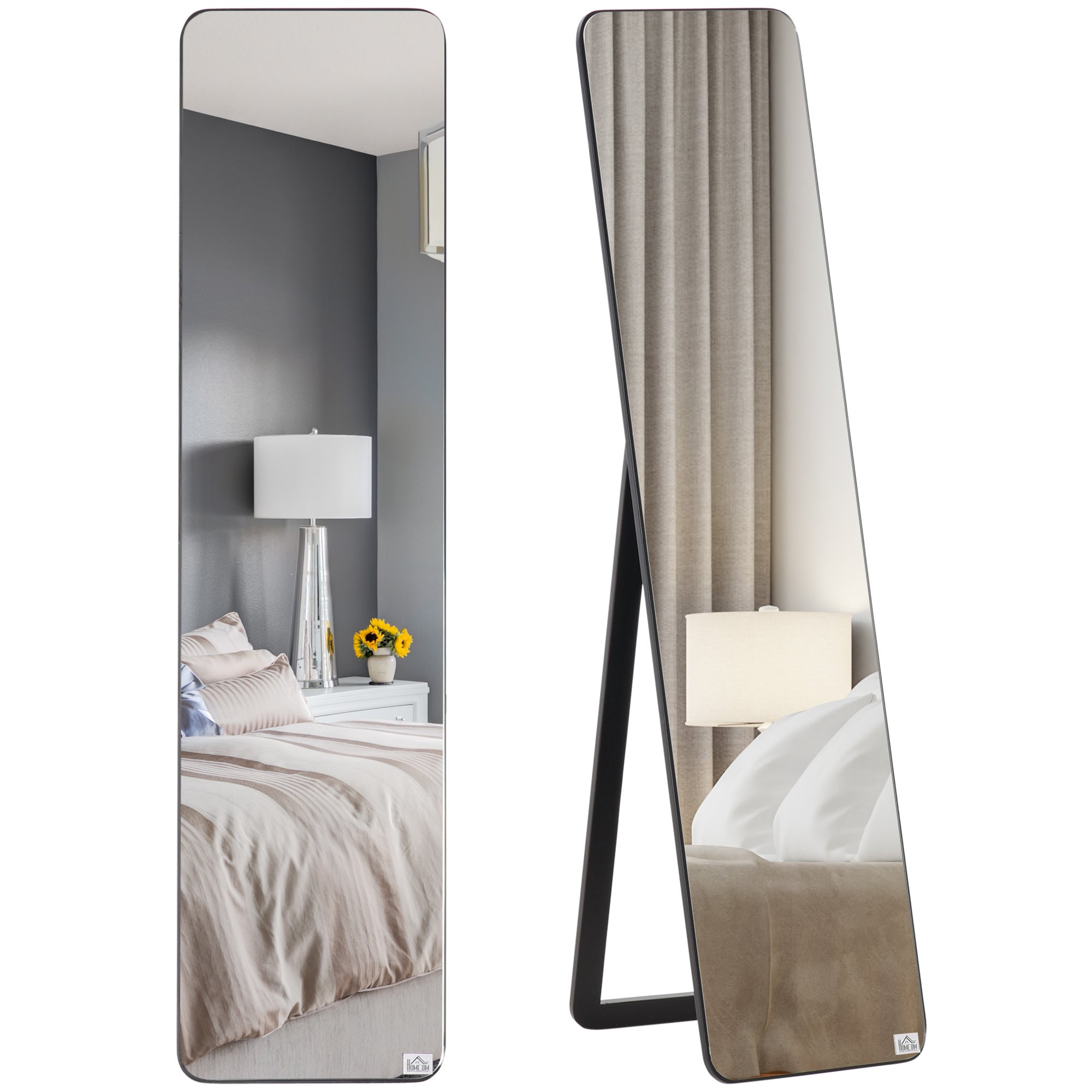 Prostokątne lustro wolnostojące i montowane na ścianie, wymiary 37 dł. x 43 szer. x 156 wys. cm, wykończenie z czarnej płyty MDF