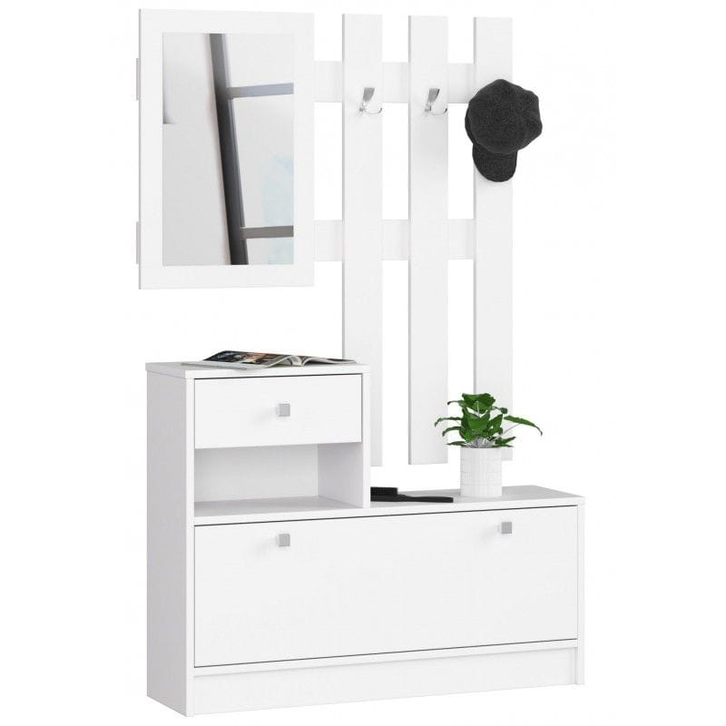 Garderoba, szafka na buty, wieszak, lustro, BELLANO, 90x25x170 cm, biel, mat | TYLETEGOTU
