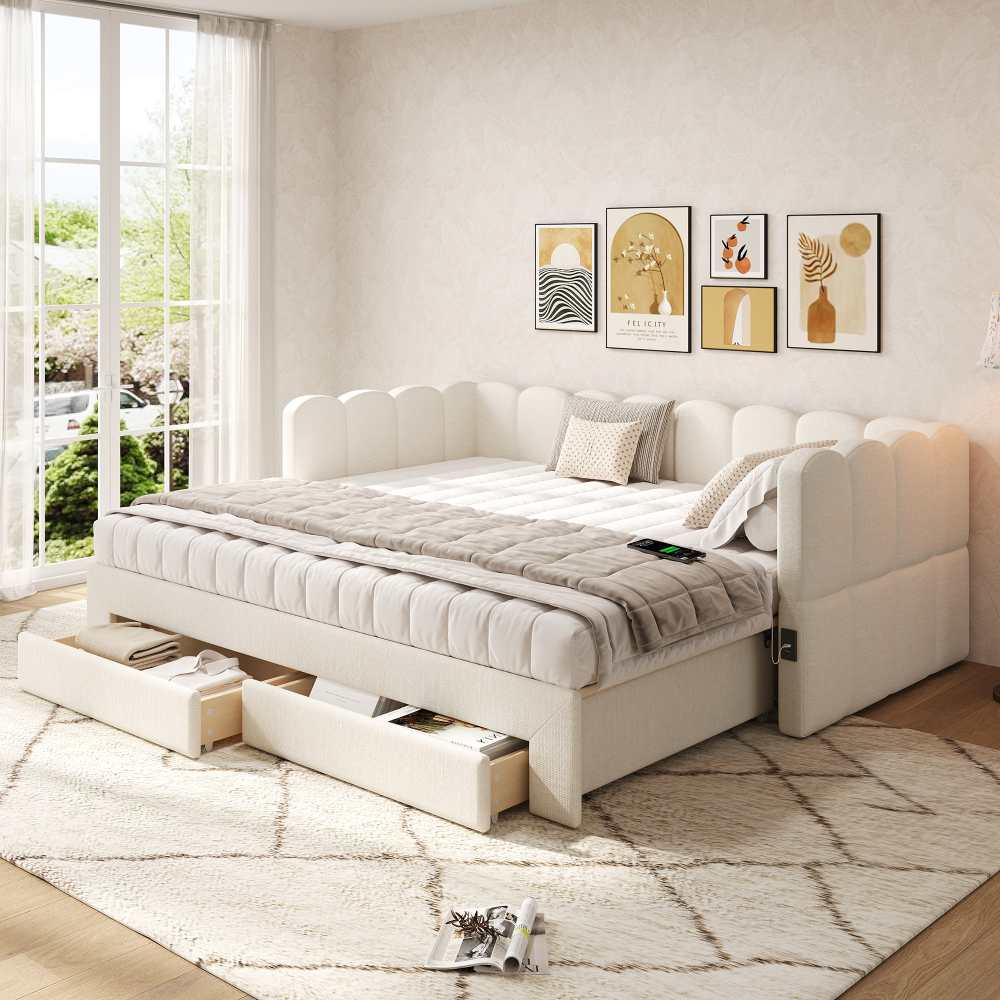 Łóżko kanapa rozsuwane 90x190 180cm z 2 szufladami, łóżko wielofunkcyjne, len beżowy, USB, schowek, sofa do sypialni