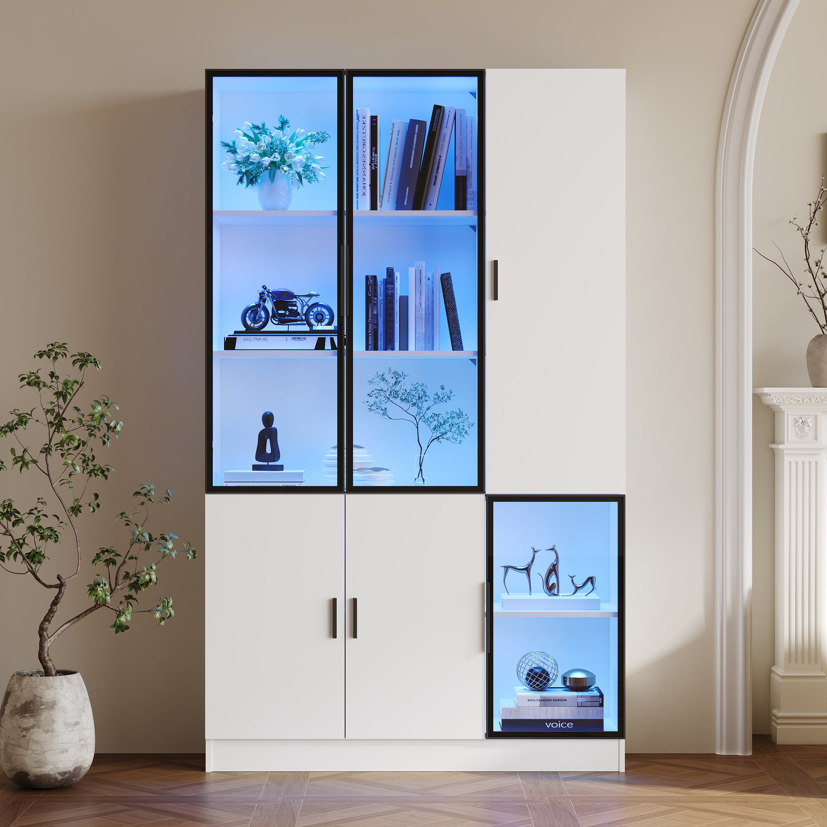 Witryna 120x35x200 cm - drzwi szklane - 6 drzwi - z oświetleniem LED - płyta wiórowa + szkło hartowane - biała