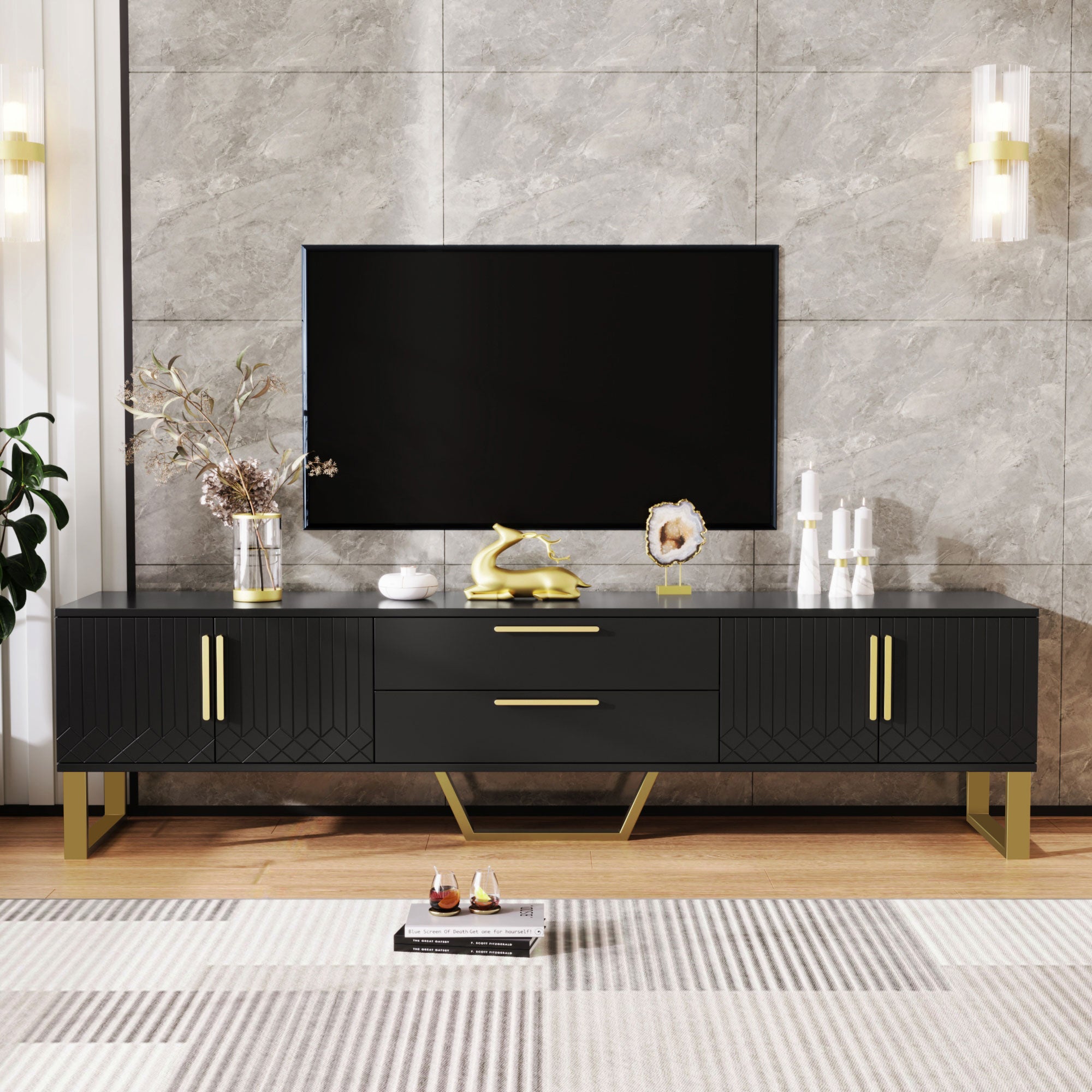 Szafka TV High-Gloss - czarno-złota, 170x40x53,5 cm, MDF, zgravowana tekstura, do salonu