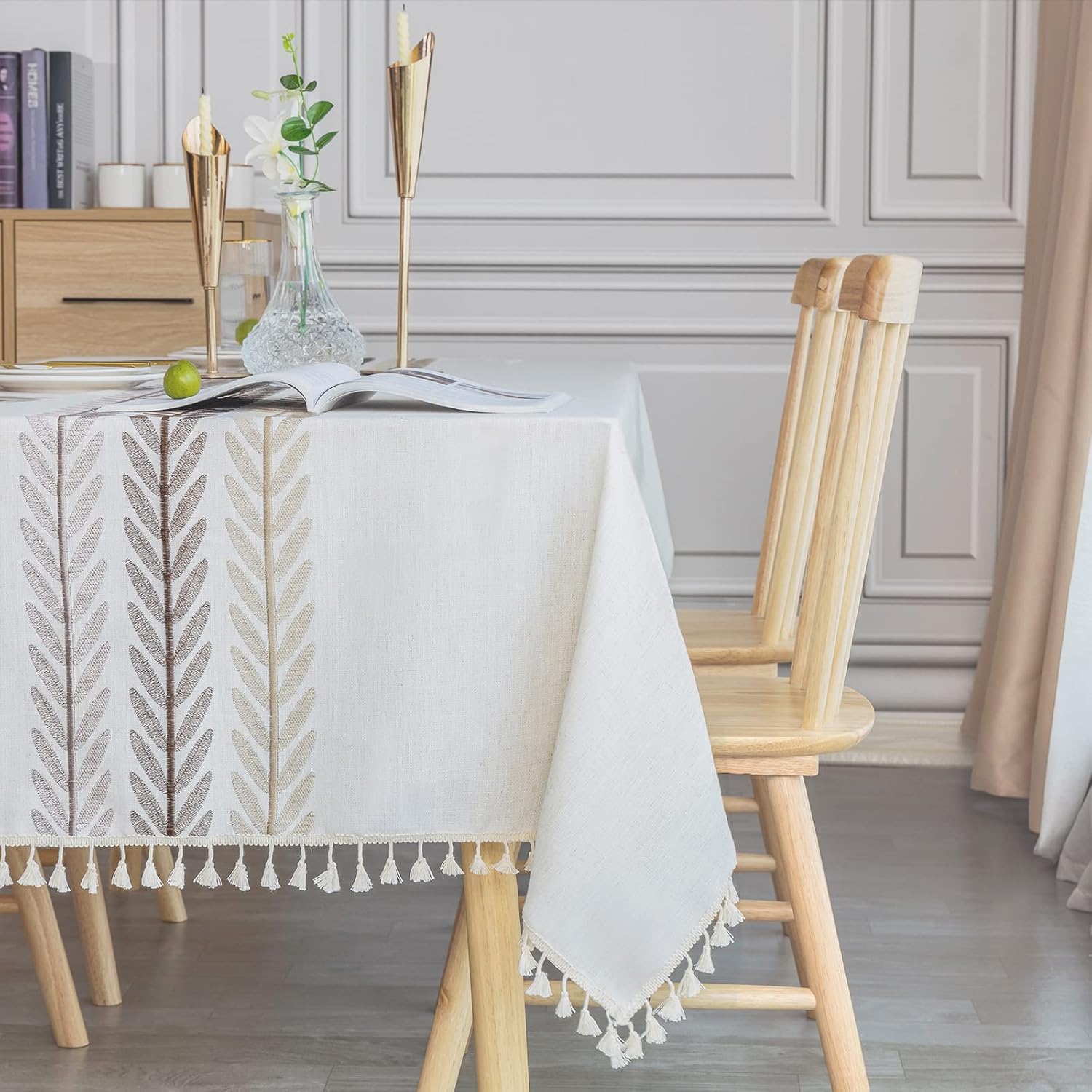 Wodoodporny prostokątny obrus, plamoodporny, bawełna lniana, 140 x 220 cm, frędzle, elegancki obrus do dekoracji stołu kuchennego