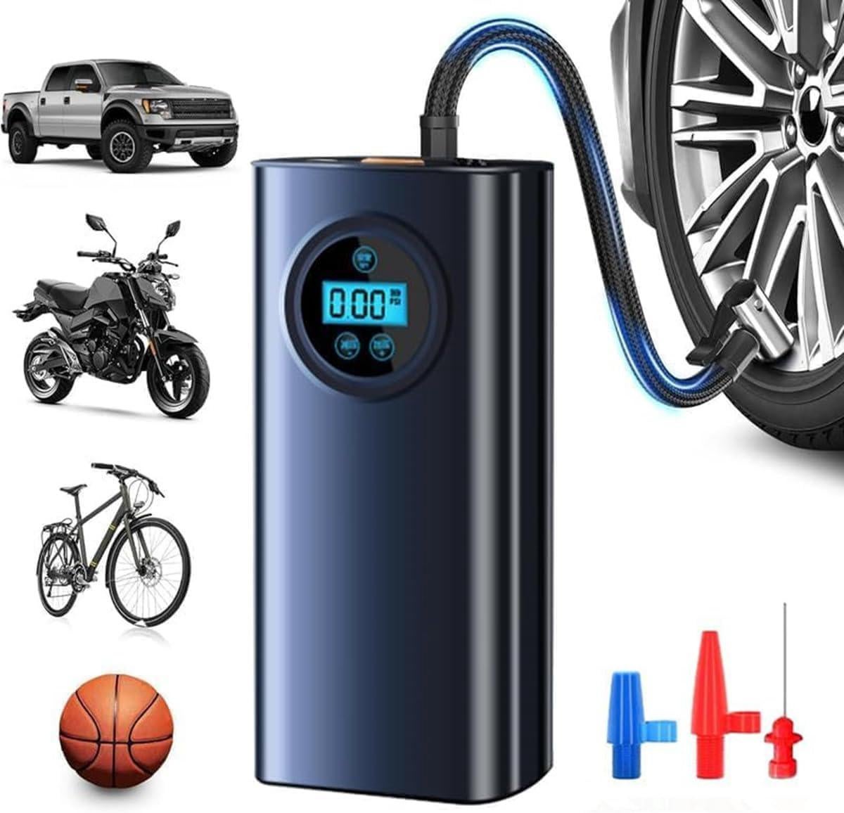 Przenośna sprężarka powietrza do pompowania opon, pompka do opon z wyświetlaczem LCD, z akumulatorem 3000 mAh, pompka powietrza do opon samochodowych,