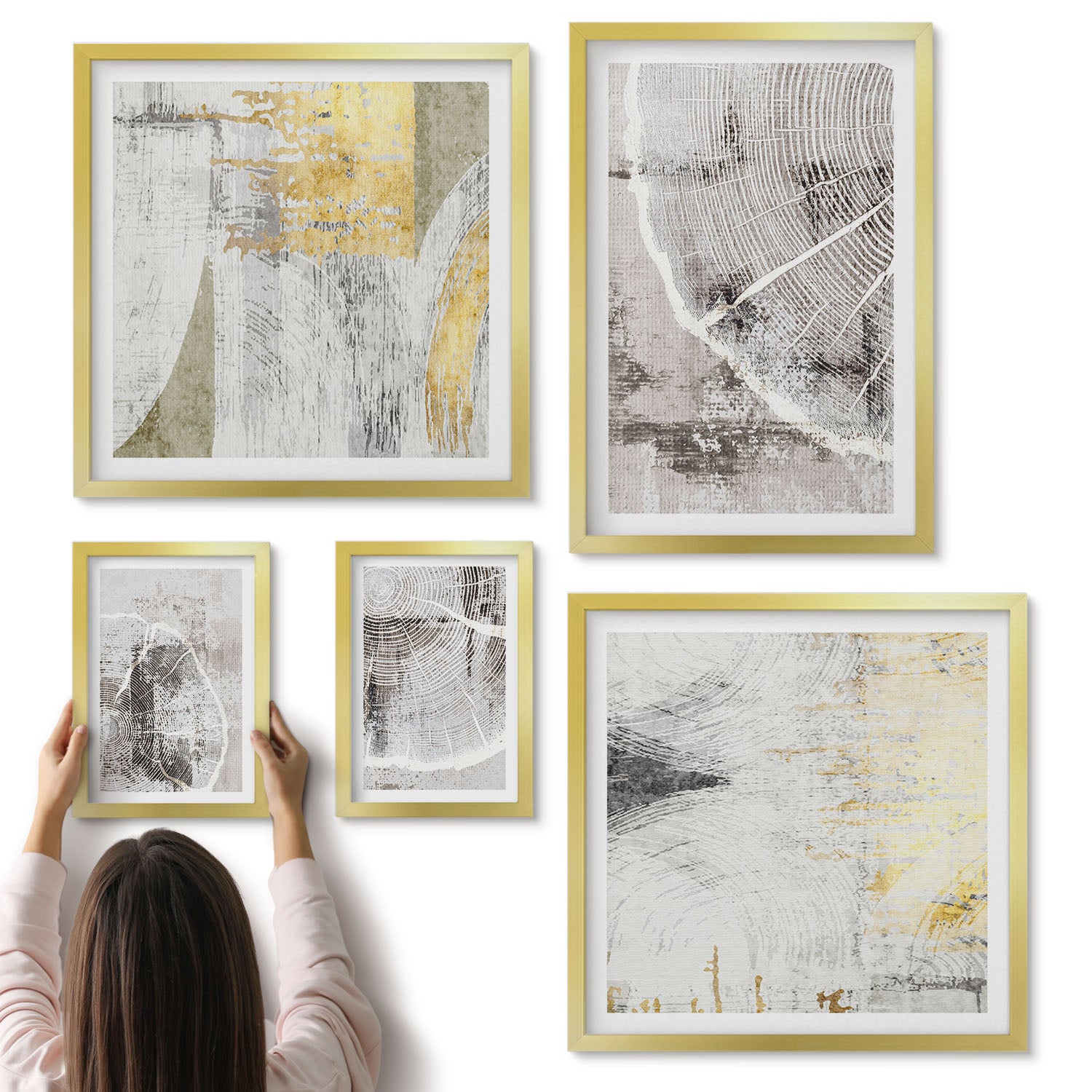 Galeria ścienna 5-częściowy komplet obrazów w złotych ramach - Abstrakcyjne wzory i tekstury w odcieniach neutralnych - ArtPrintCave