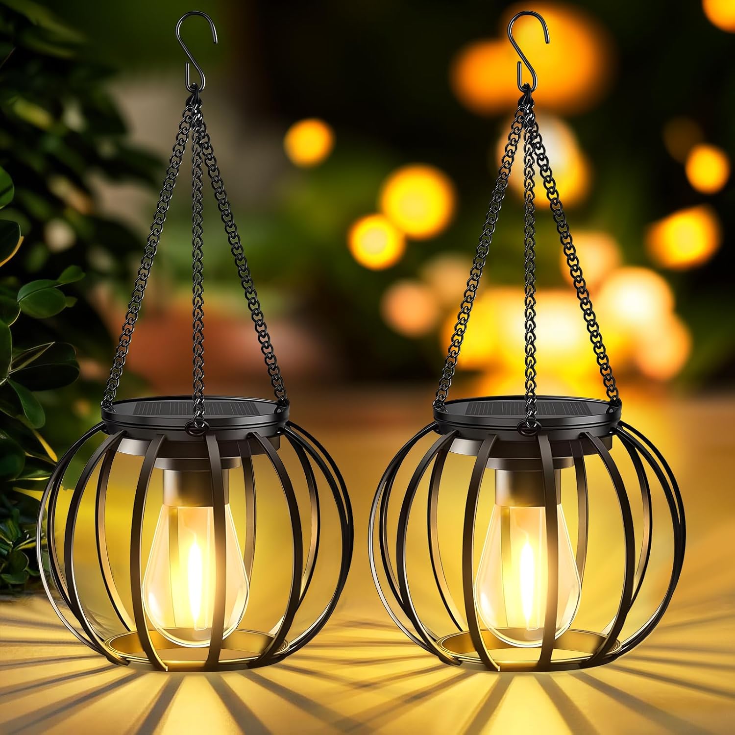 Zestaw lamp ogrodowych solarnych, 2-częściowy zestaw lamp solarnych z haczykami i łańcuchami, wodoszczelne lampy solarne IP65 do patio, trawnika, balk