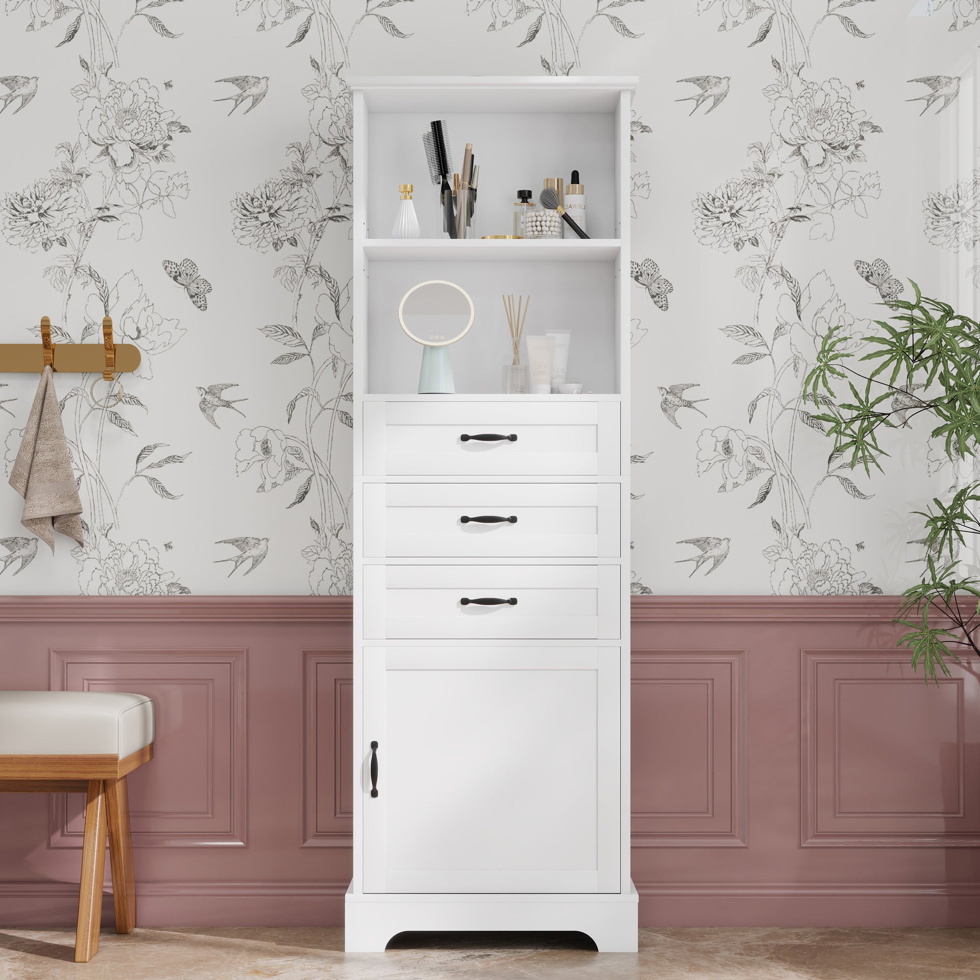 Witryna z 1 drzwiami, 3 szufladami i 2 otwartymi półkami - 56 x 25,6 x 167 cm - Płyta MDF - Uchwyty metalowe - Kolor biały