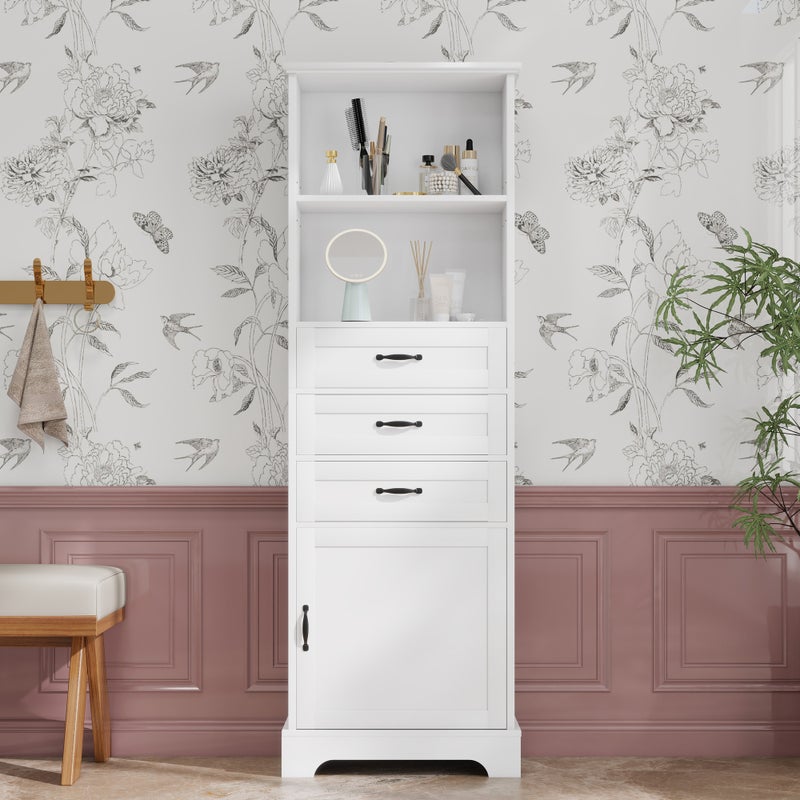 Witryna z 1 drzwiami, 3 szufladami i 2 otwartymi półkami - 56 x 25,6 x 167 cm - Płyta MDF - Uchwyty metalowe - Kolor biały