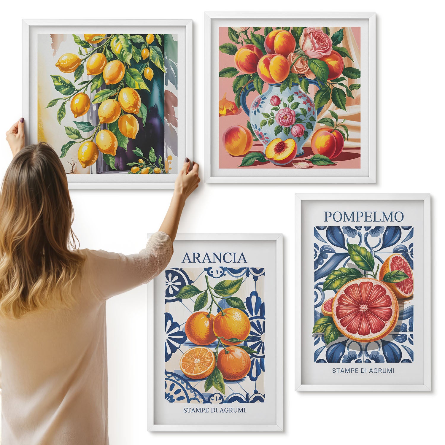 Galeria ścienna 4-częściowy komplet obrazów w białych ramach - Cytrusy w stylu włoskim modne postery - ArtPrintCave