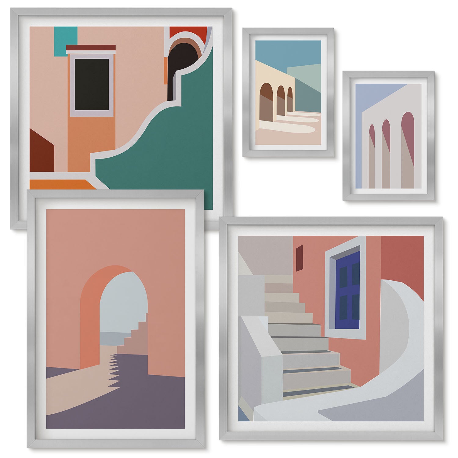 Zestaw obrazów w ramie - 5 części | Pastelowe minimalistyczne grafiki architektury miejskiej | Srebrna ramka
