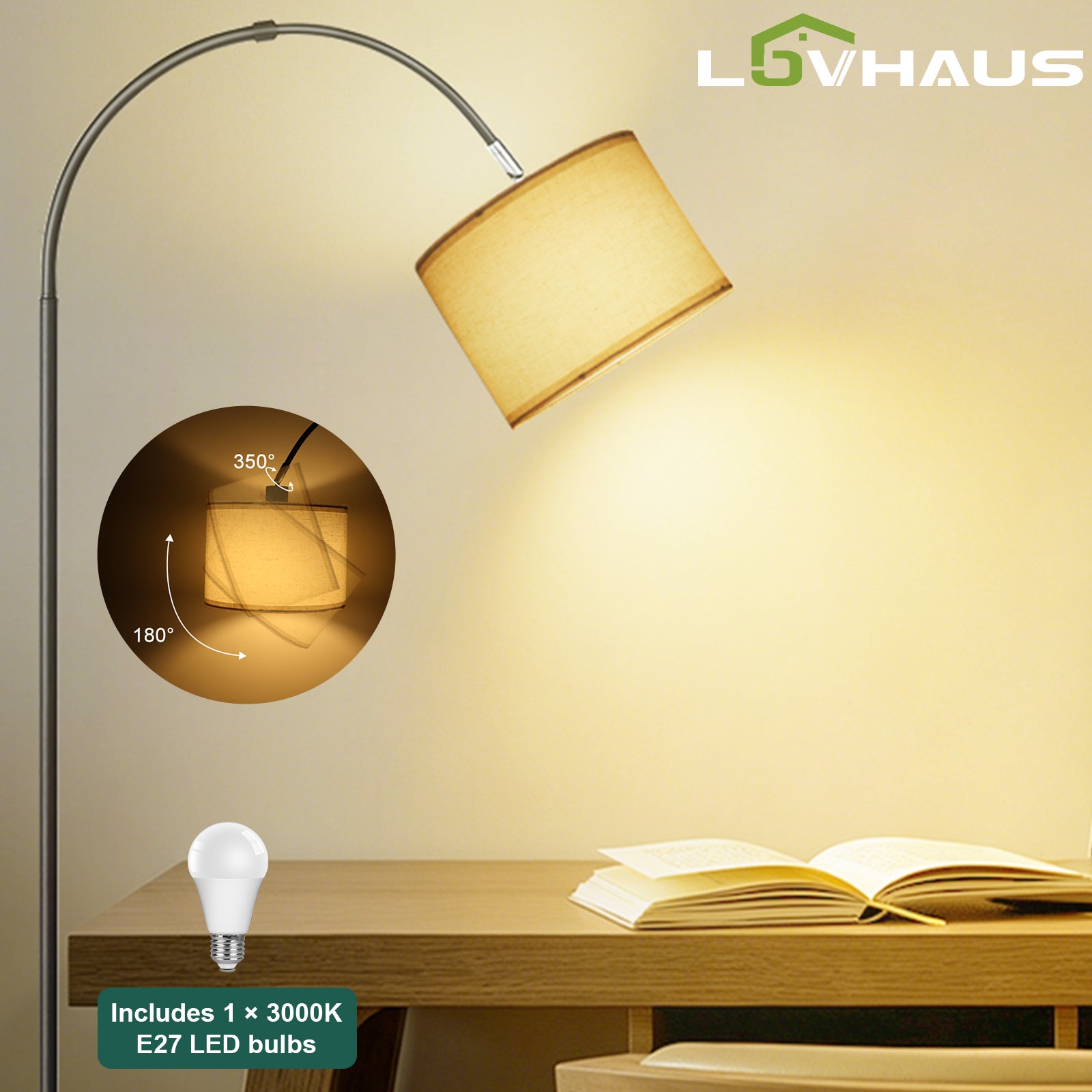 Lampa łukowa LED 170 cm czarna, lampa podłogowa vintage E27, abażur tkanina Ø25 cm, lampka do czytania salon sypialnia, LOVHAUS