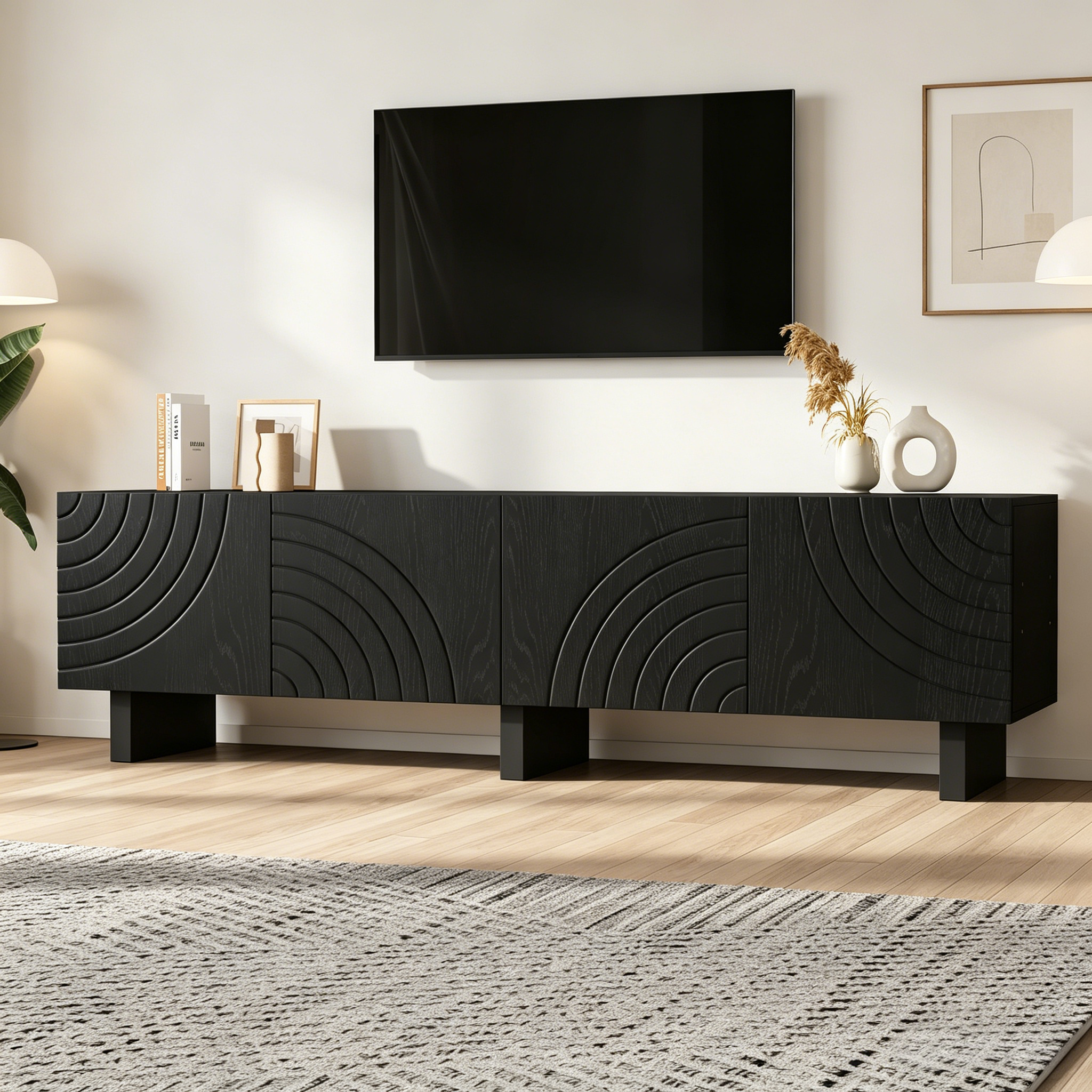 Stojak pod telewizor z 4 teksturowanymi drzwiami - 180 x 40 x 55 cm - Płyta wiórowa - Do telewizorów do 75 cali - Nowoczesny design - Czarny
