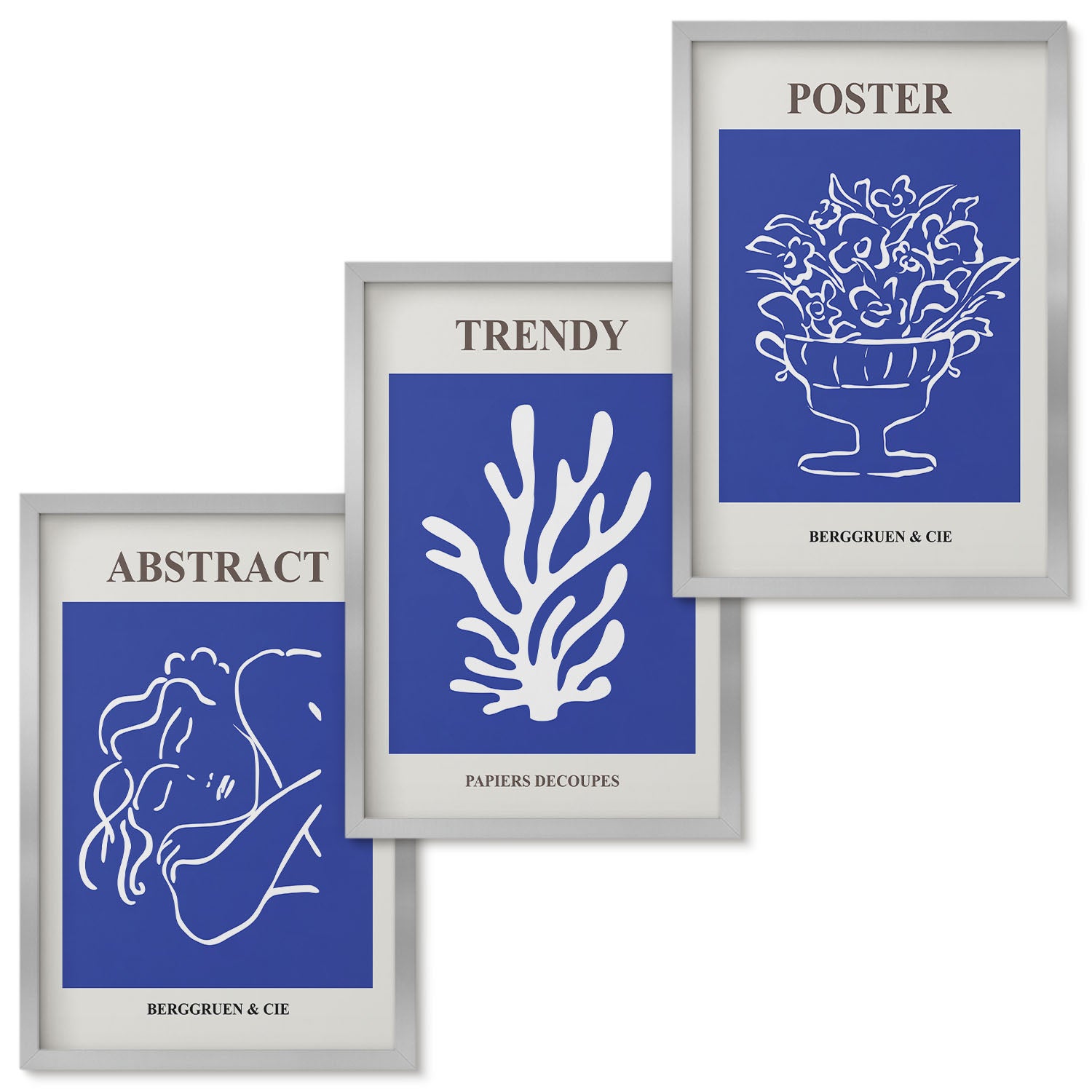 Zestaw obrazów w ramie - 3 części | Stylowe niebieskie postery Henri Matisse | Srebrna ramka