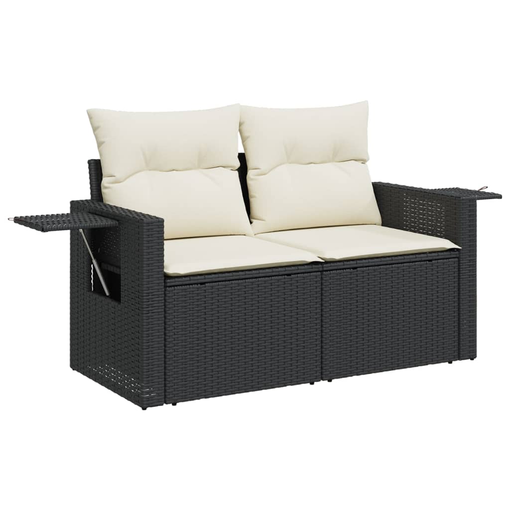 Sofa Ogrodowa 2-Osobowa Czarna z Kremowymi Poduszkami i Schowkiem