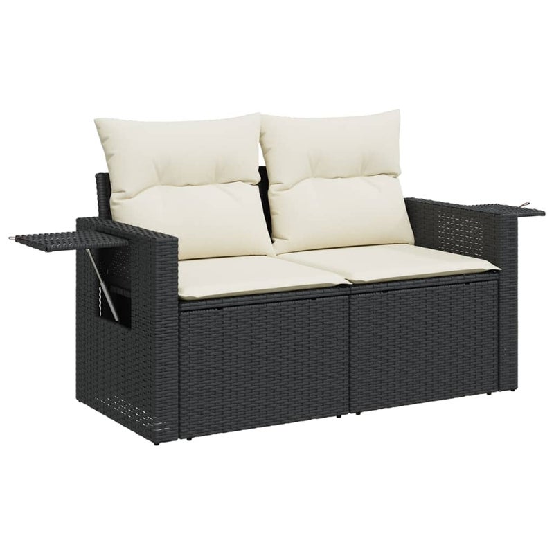Sofa Ogrodowa 2-Osobowa Czarna z Kremowymi Poduszkami i Schowkiem
