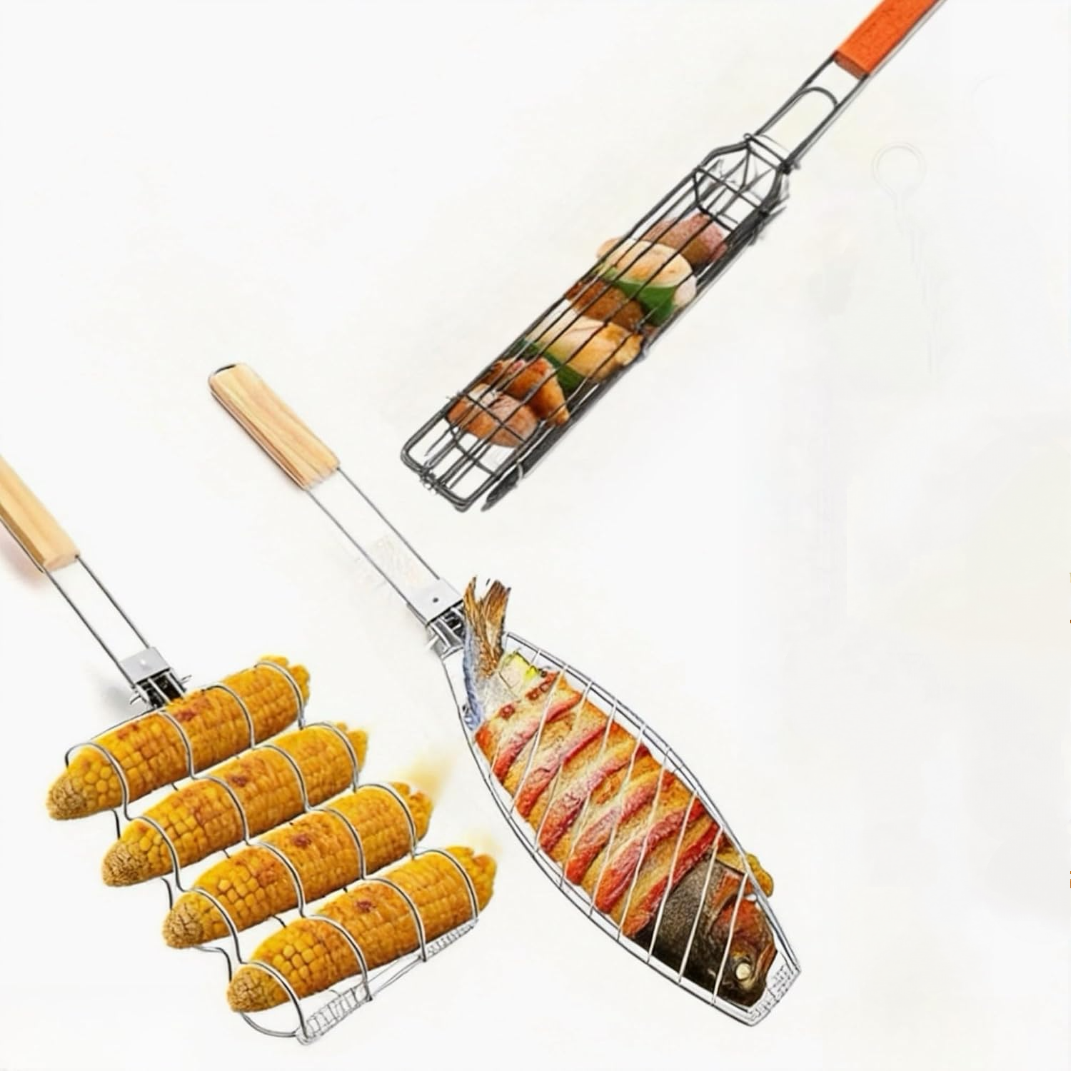 Składany grill - Kosz do grillowania kempingowego ze stali nierdzewnej, przenośny grill ogniskowy, zestaw 3 sztuk.