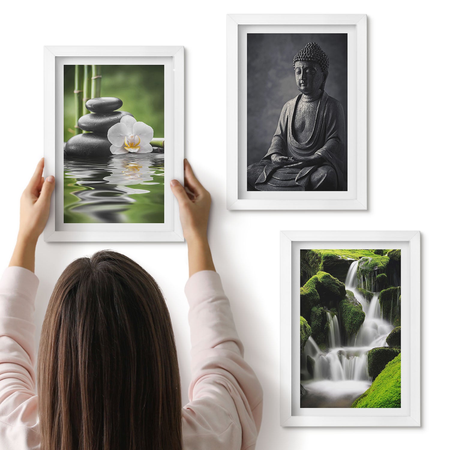 Galeria ścienna 3-częściowy komplet obrazów w białych ramach - Relaksujące obrazy ZEN z wodą kamieniami i Buddą - ArtPrintCave