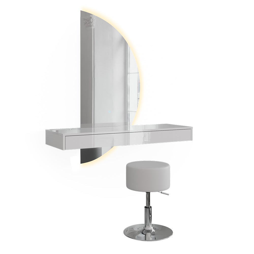 Vicco Stół do toalety Sherry, Biały wysoki połysk, 120 cm z lustrem LED i stołkiem, po prawej stronie