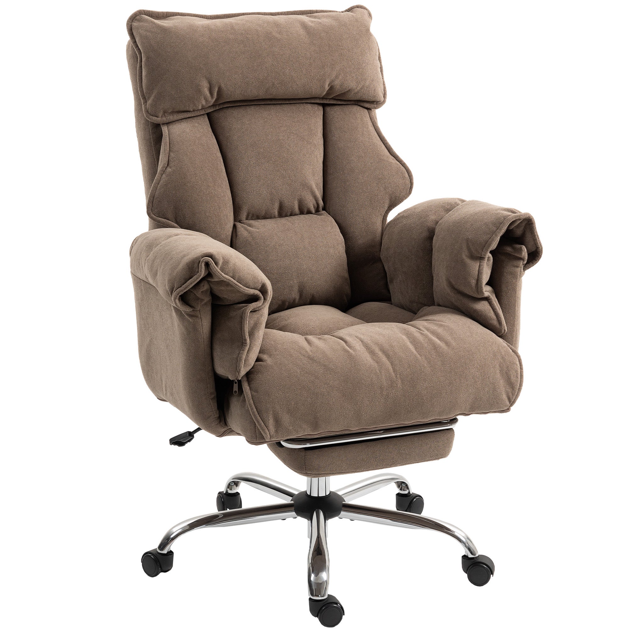 Ergonomiczny fotel biurowy, odchylane oparcie, podnóżek, miękka tkanina, jasnobrązowy