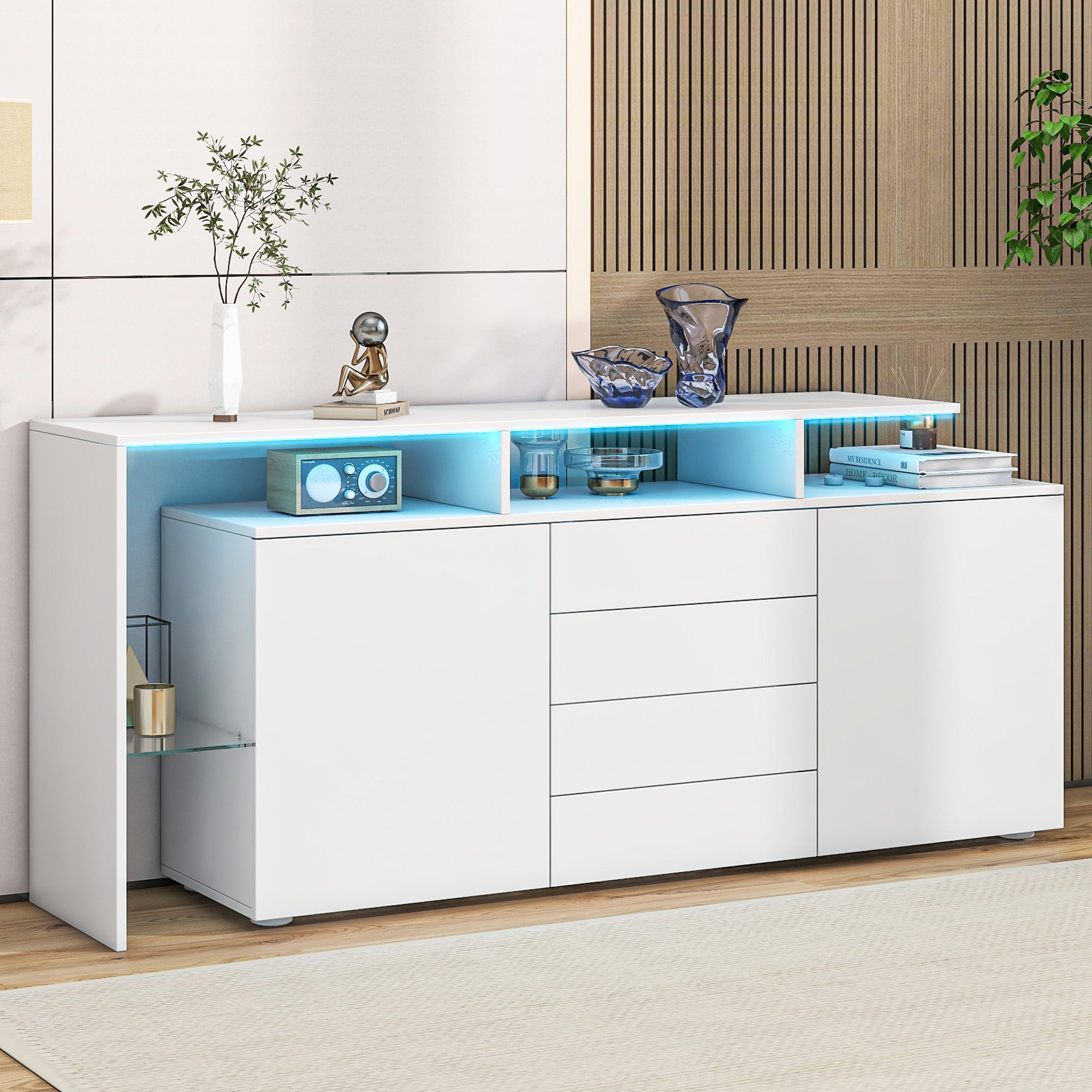 Komoda 160x35x70 cm - z oświetleniem LED - 4 szuflady i 2 drzwi - wykończenie na wysoki połysk - płyta wiórowa - biały