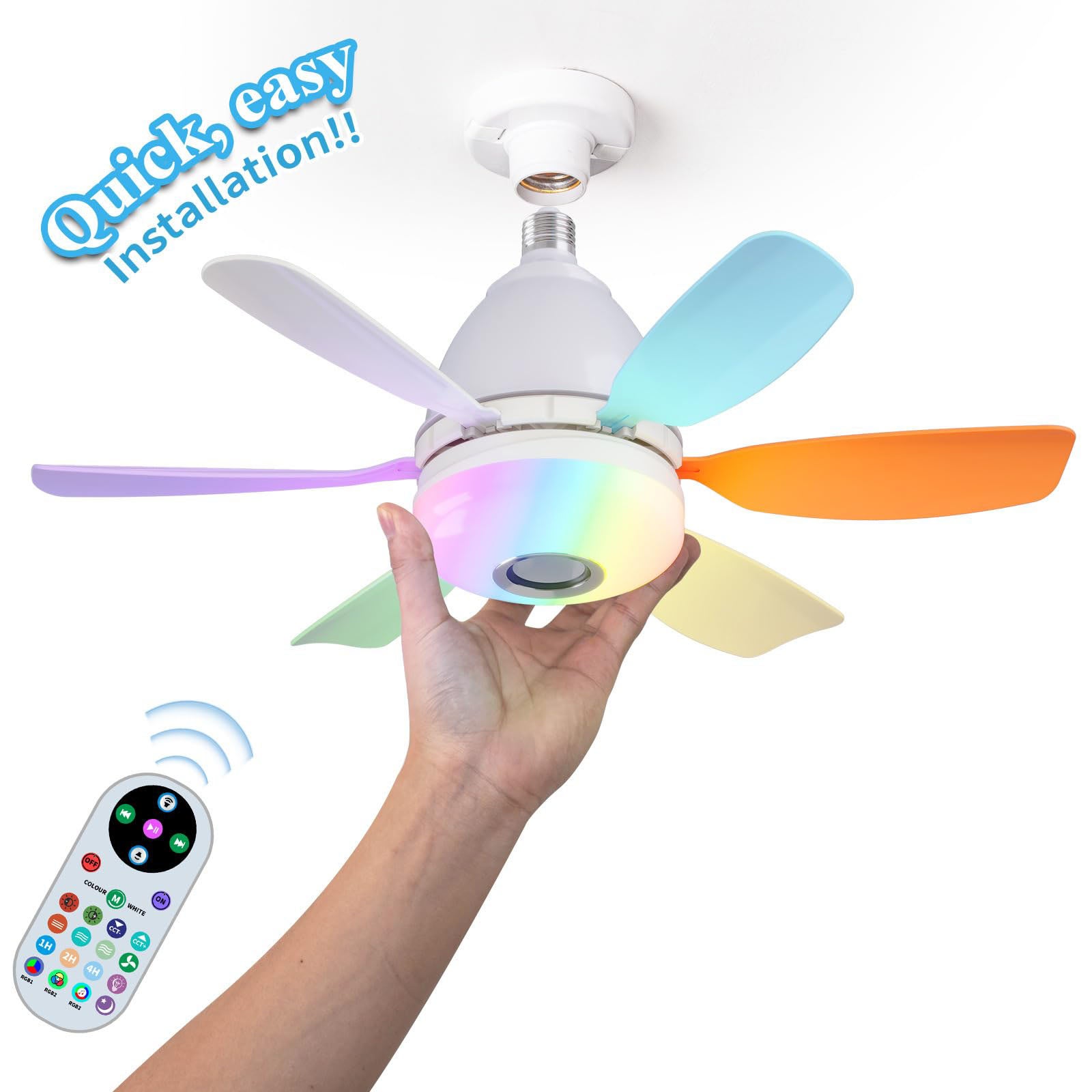 Wentylator sufitowy z pilotem i światłem RGB, trzy prędkości wiatru, trzy temperatury barwowe, timer, głośnik Bluetooth, kolorowy