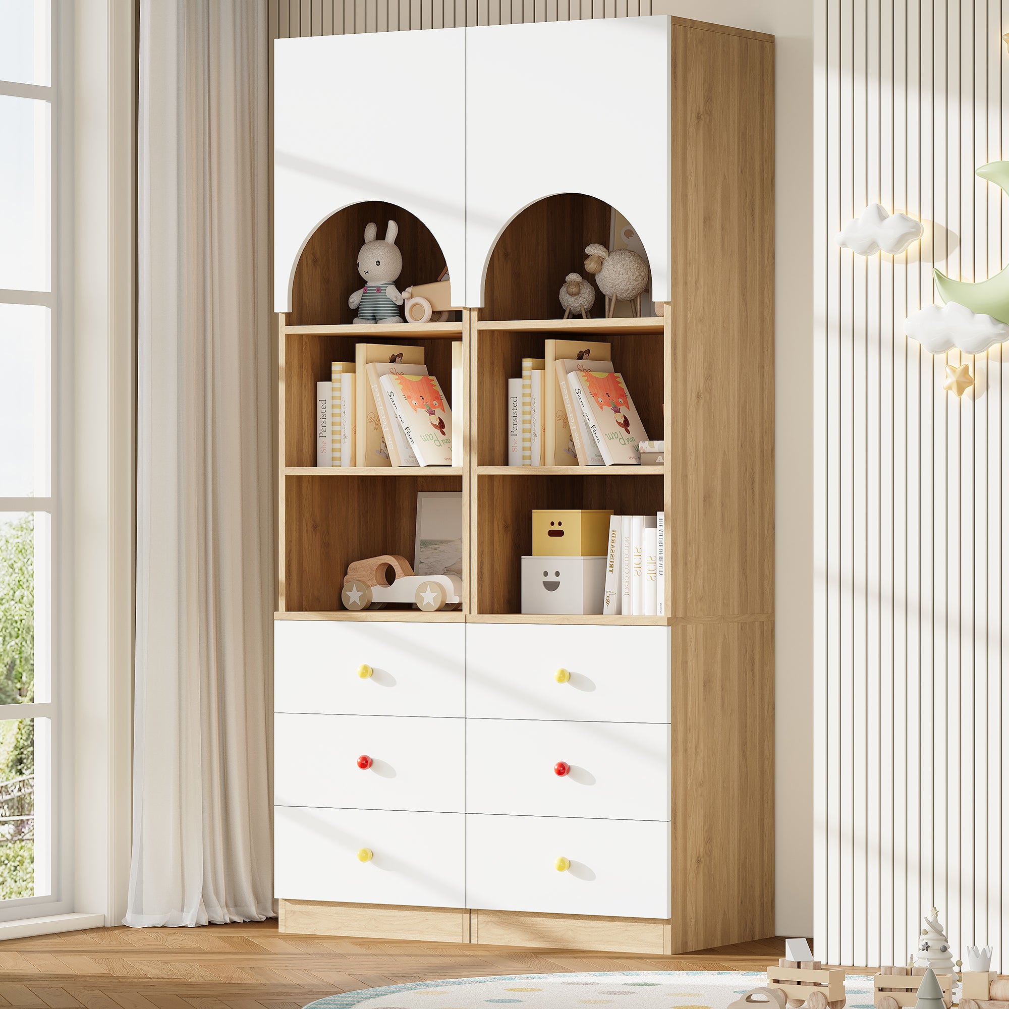 Pionowa witryna z 6 szufladami, 2 łukowymi drzwiami pyłoszczelnymi i półkami - 100 x 50 x 200 cm - MDF - Uchwyty ceramiczne - Biały