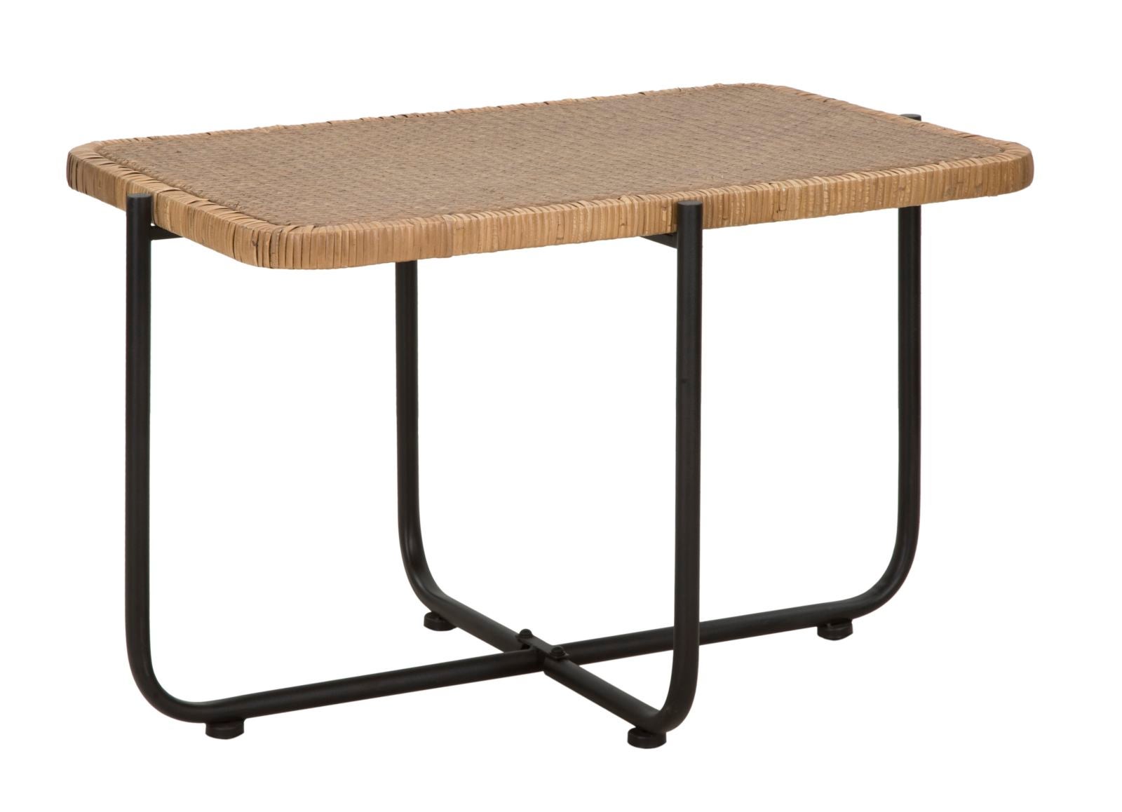 Stolik kawowy Cebu 75x55x46,5 cm, prostokątny, z czarnego metalu i rattanu – styl boho chic do nowoczesnego i naturalnego salonu