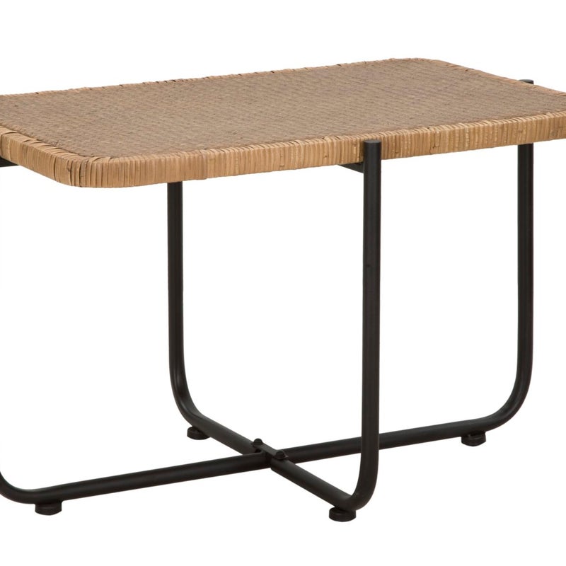 Stolik kawowy Cebu 75x55x46,5 cm, prostokątny, z czarnego metalu i rattanu – styl boho chic do nowoczesnego i naturalnego salonu