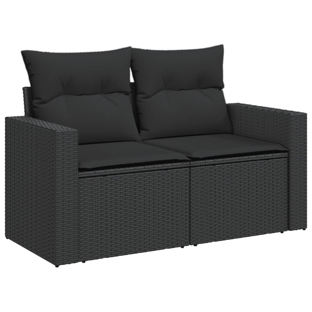 Sofa Ogrodowa 2-Osobowa Czarna z Polirattanu z Czarnymi Poduszkami