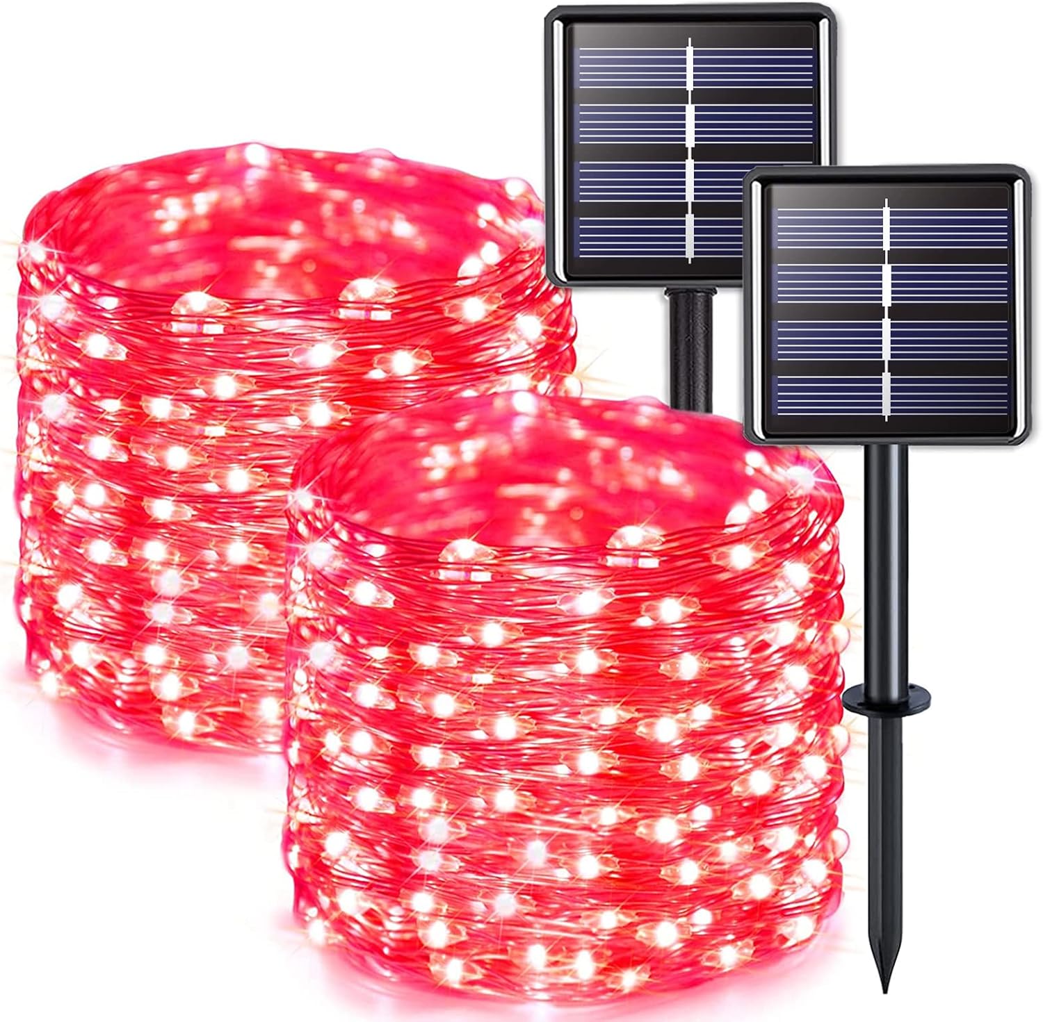 Dwa zasilane energią słoneczną łańcuchy świetlne, każdy o długości 22 metrów, wyposażone są w 200 czerwonych diod LED i 8 trybów oświetlenia.
