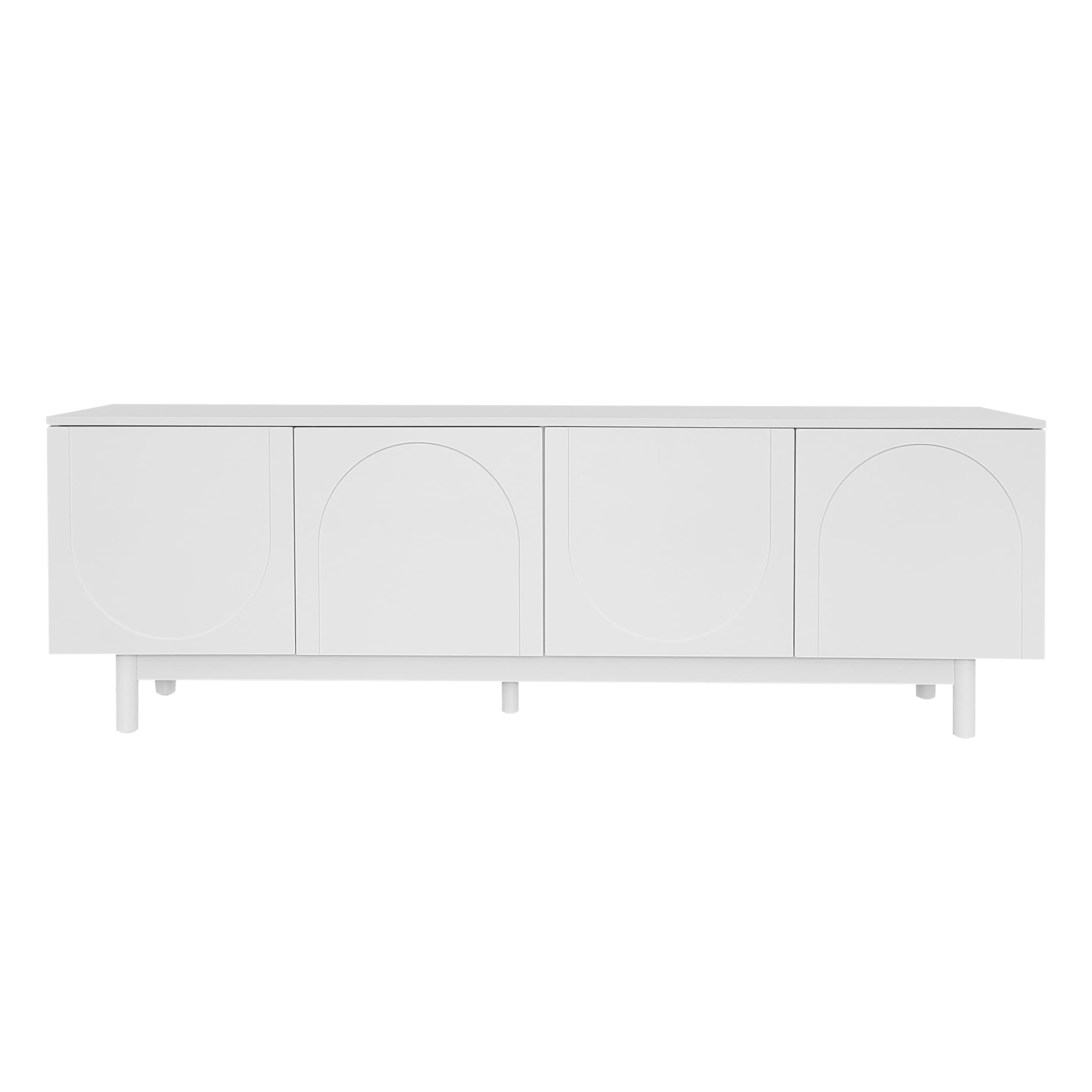 Nowoczesna, biała szafka pod telewizor w luksusowym stylu, wymiary 175 × 38 × 56 cm, z regulowanymi półkami i lekką konstrukcją