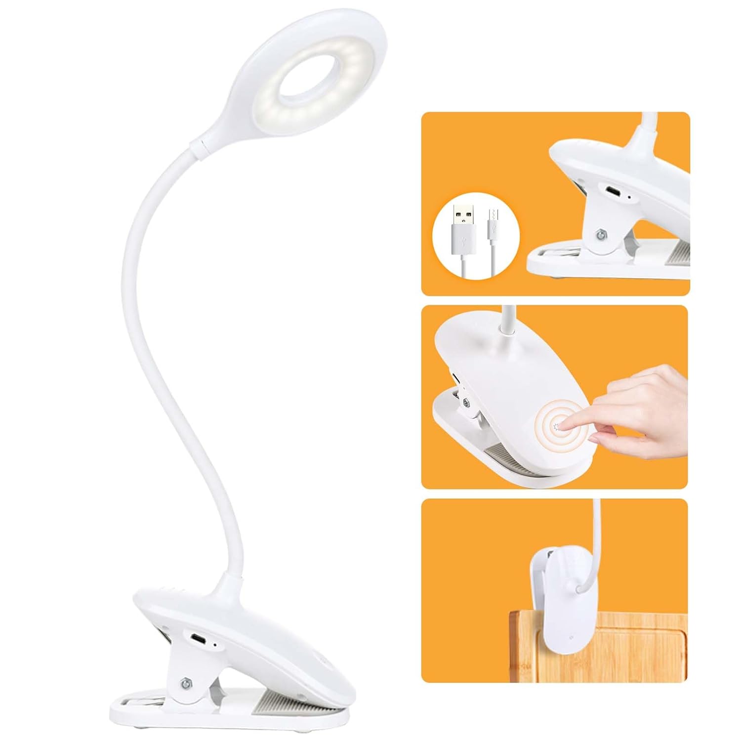 Lampka biurkowa LED, lampa do czytania, akumulatorowa 1200 mAh, 16 diod LED, 3 poziomy jasności, elastyczny klips do łóżka 360°, bezprzewodowa la