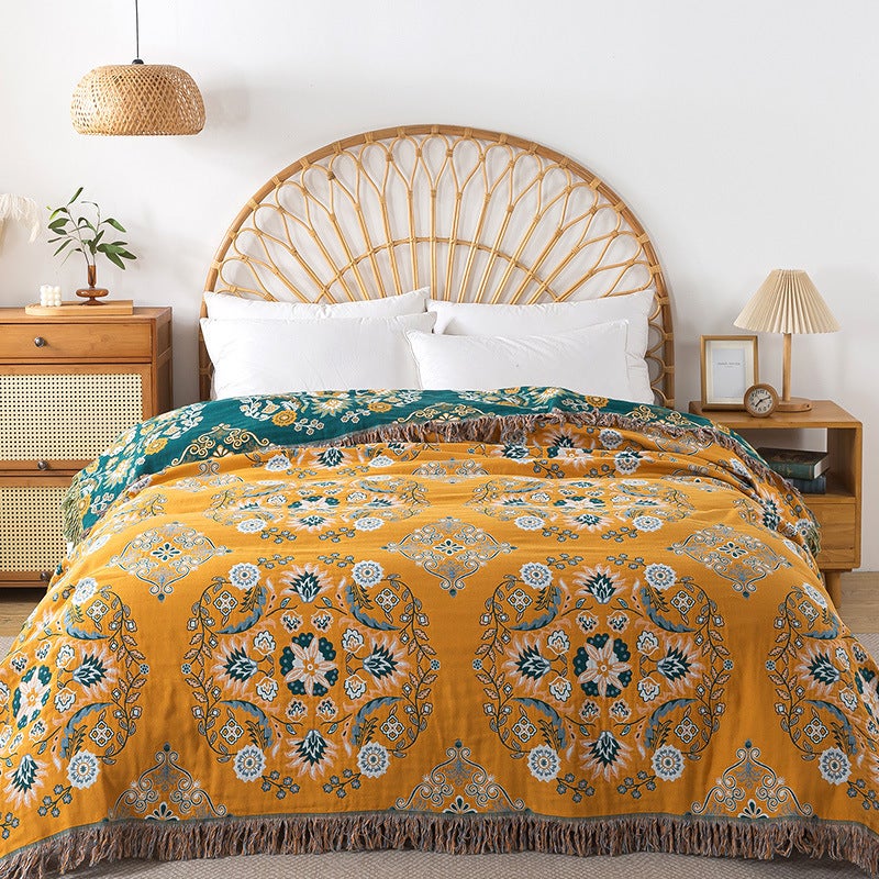Koc Boho 200 × 230 cm, Miękka Bawełna Żółta z Franglami, Do Salonu, Sypialni i Sofy, 1 Sztuka
